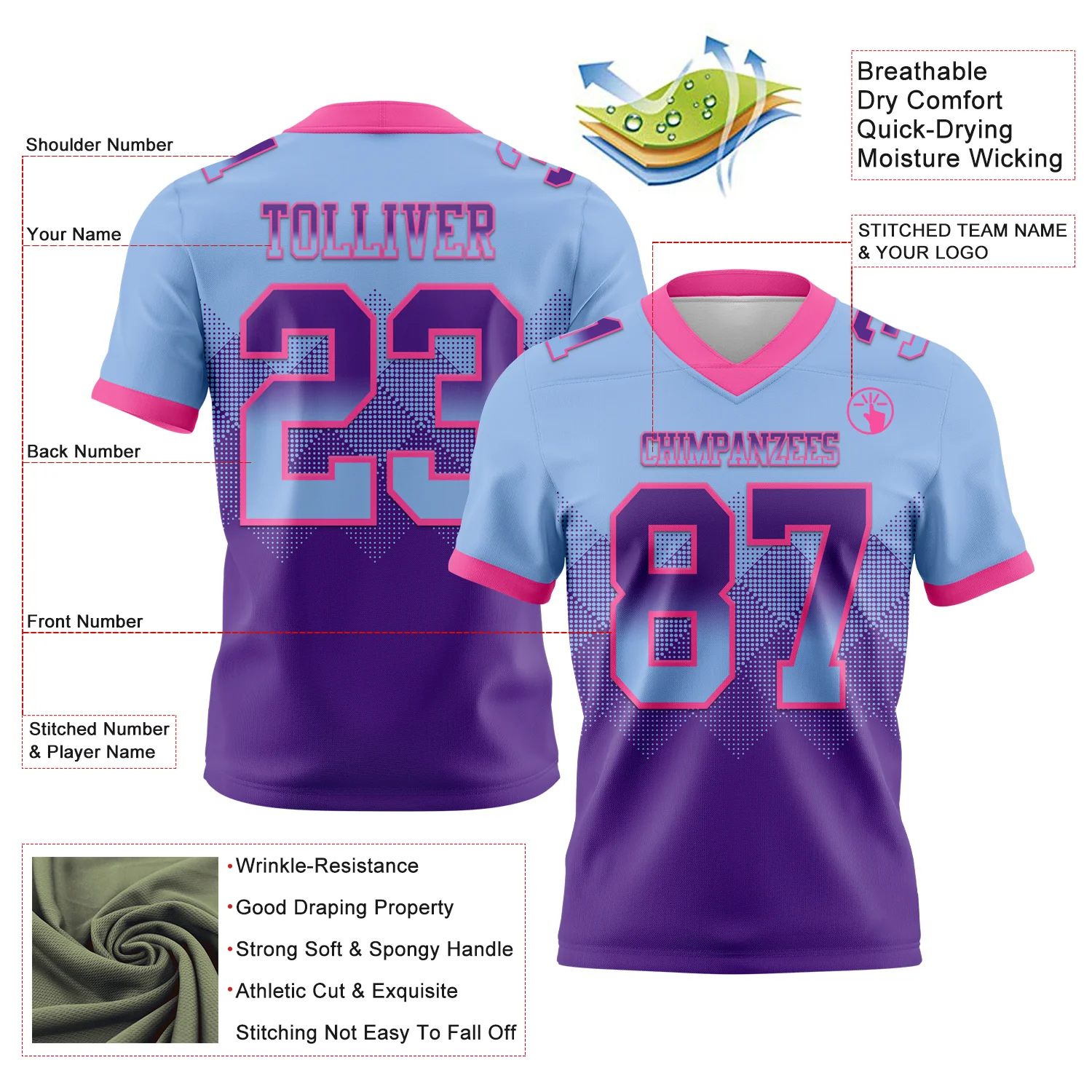 Custom Light Blue Purple-Pink Authentic Gradient Square Shape Flag Football Jersey - Image 2