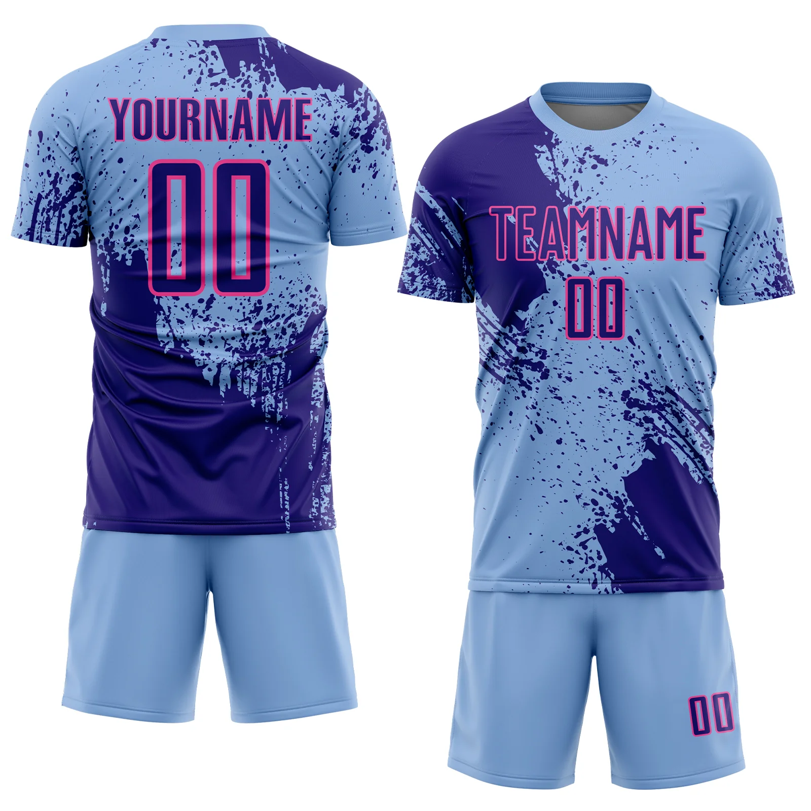 Custom Light Blue Dark Purple-Pink Abstract Brush Stroke Sports Sublimation Soccer Uniform Jersey - Image 2