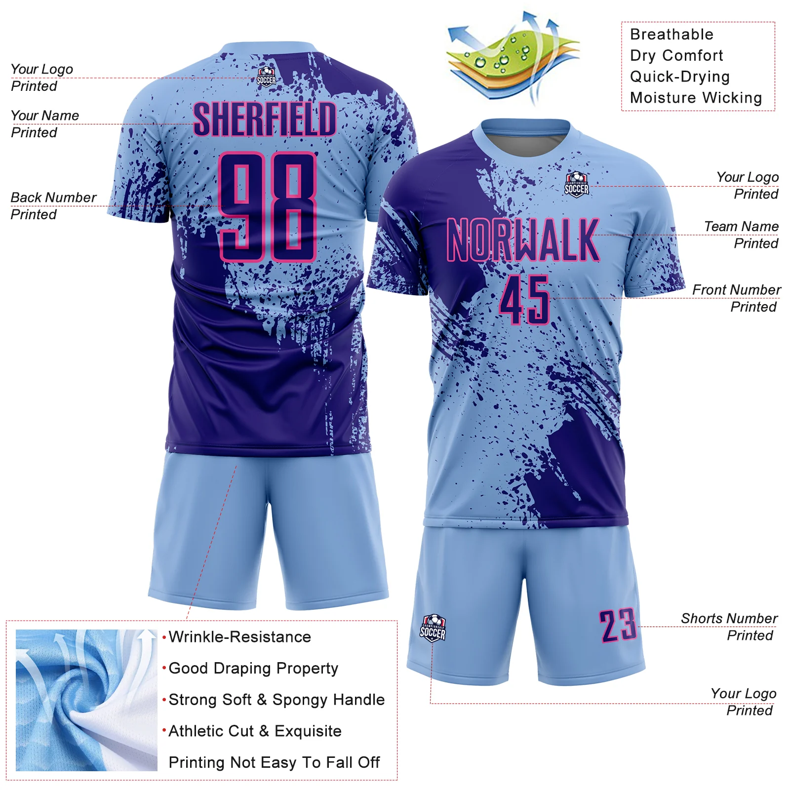 Custom Light Blue Dark Purple-Pink Abstract Brush Stroke Sports Sublimation Soccer Uniform Jersey - Image 4