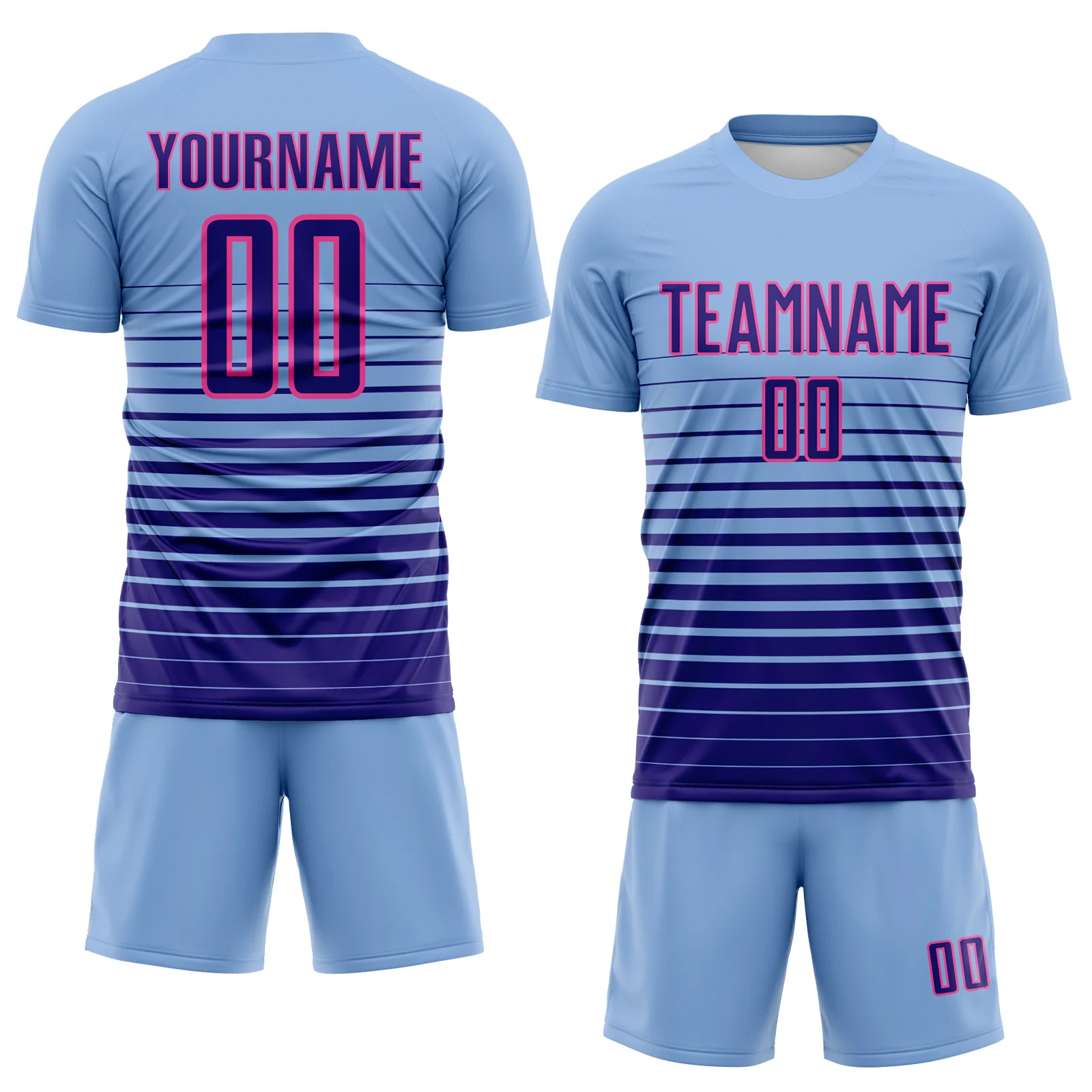 Custom Light Blue Dark Purple-Pink Gradient Pinstripe Sublimation Soccer Uniform Jersey - Image 2