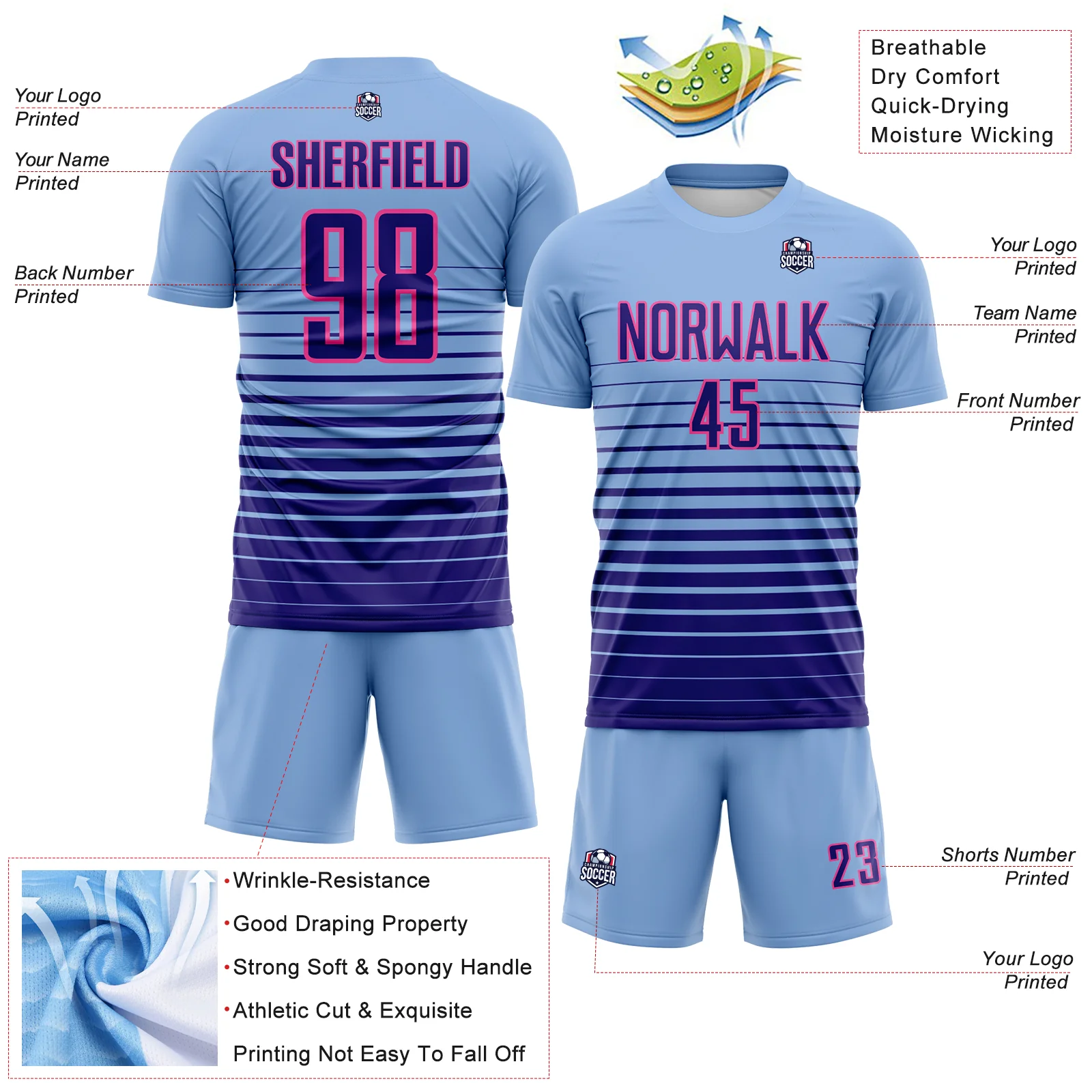 Custom Light Blue Dark Purple-Pink Gradient Pinstripe Sublimation Soccer Uniform Jersey - Image 4