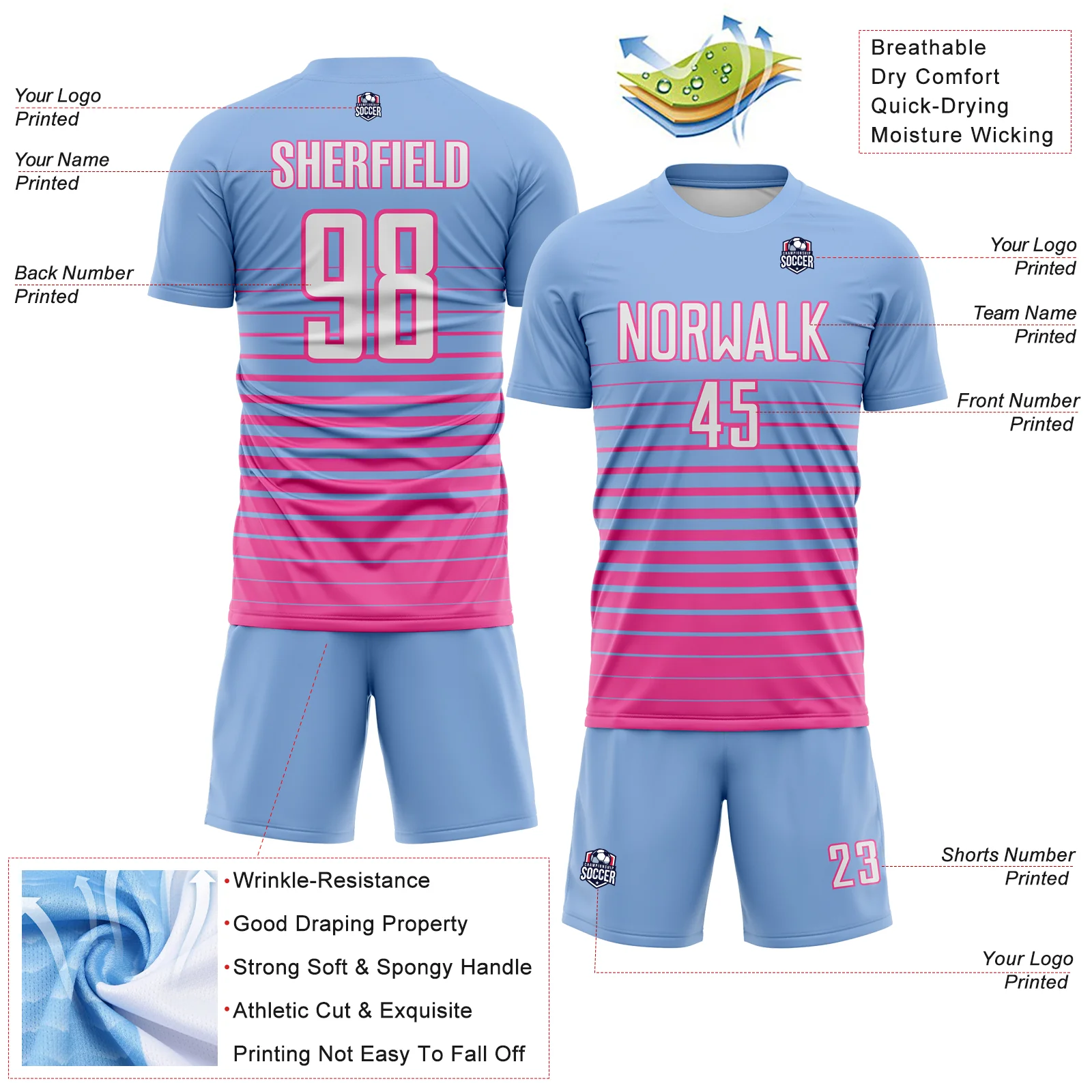 Custom Light Blue White-Pink Gradient Pinstripe Sublimation Soccer Uniform Jersey - Image 4