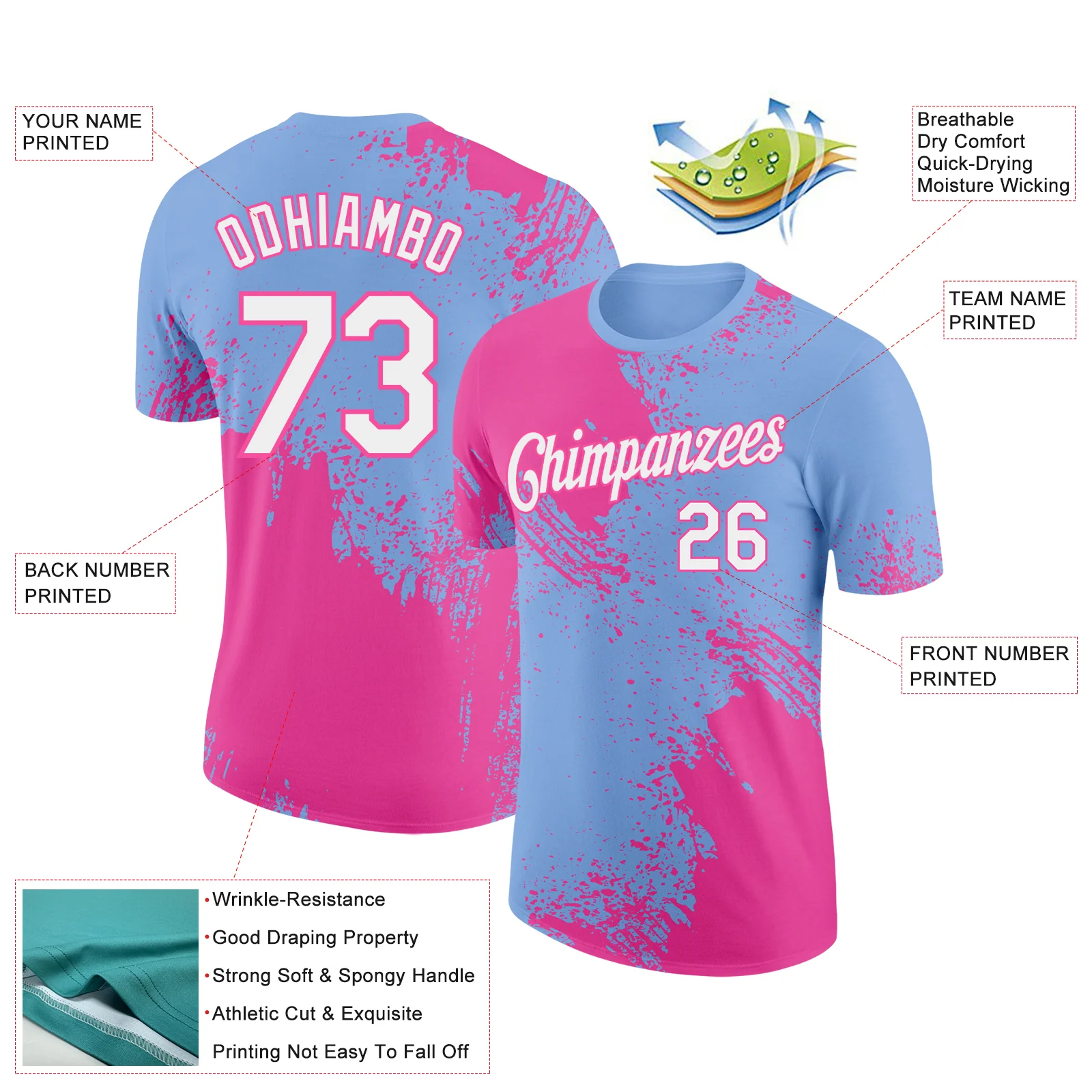 Custom Light Blue White-Pink 3D Pattern Design Abstract Brush Stroke Performance T-Shirt - Image 2