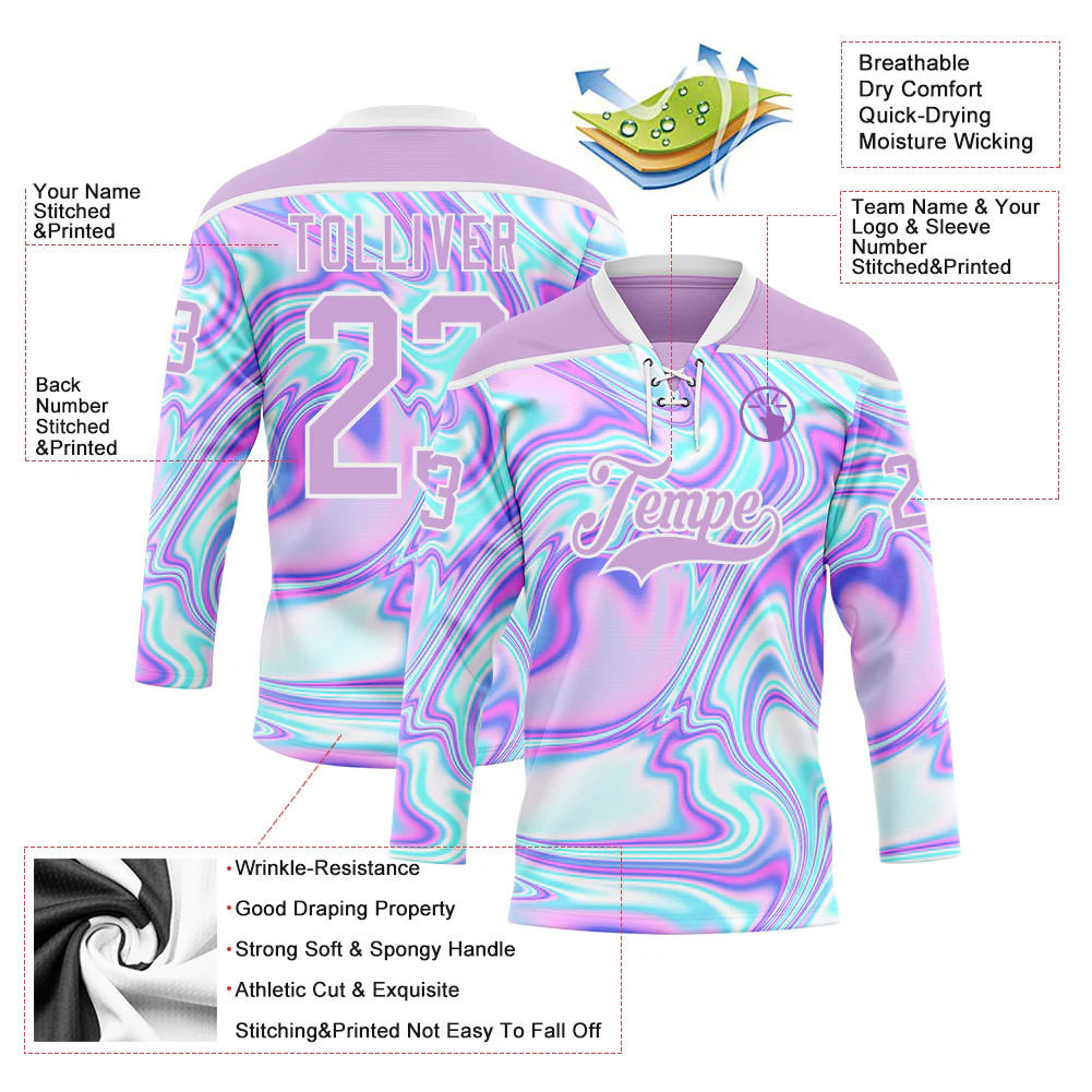 Custom Light Purple Pink Blue-White Trippy Psychedelic Fluid Trendy Holographic Vaporwave Style Hockey Lace Neck Jersey - Image 5