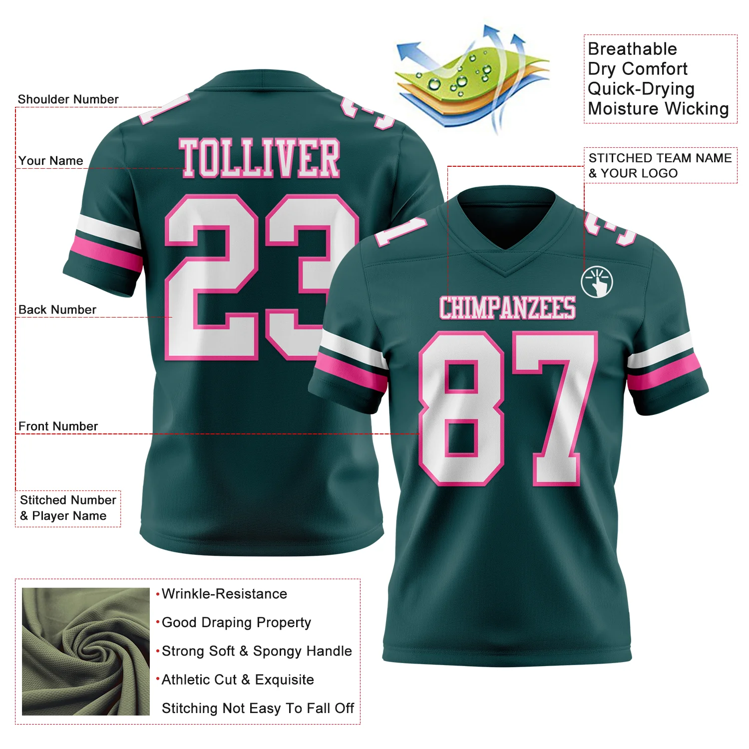 Custom Midnight Green White-Pink Authentic Football Jersey - Image 3