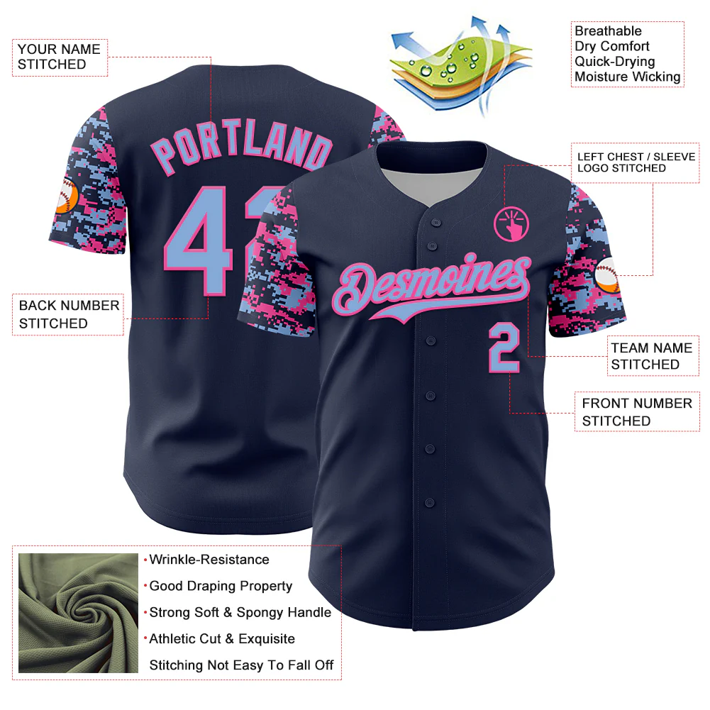 Custom Navy Light Blue-Pink Digital Camo Two Tone Authentic Baseball Jersey - Image 3