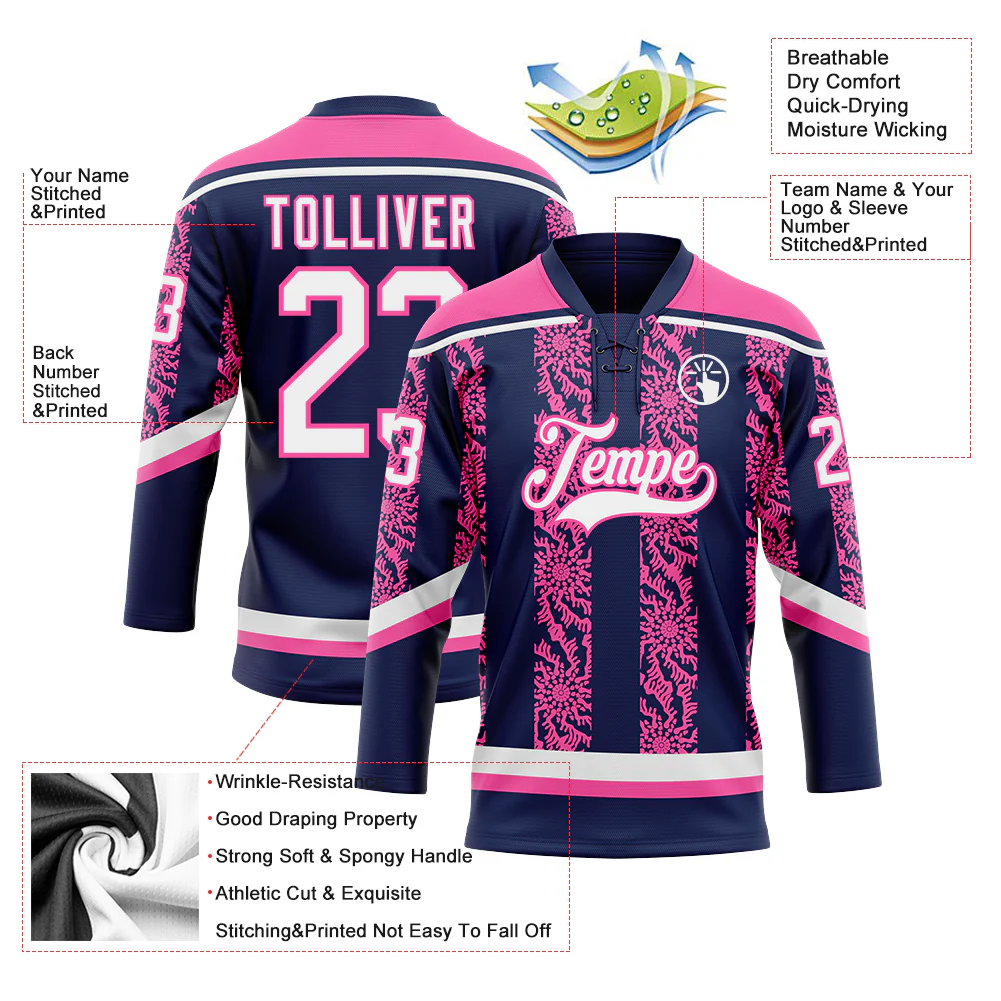 Custom Navy White-Pink 3D Pattern Abstract Shape Hockey Lace Neck Jersey - Image 3