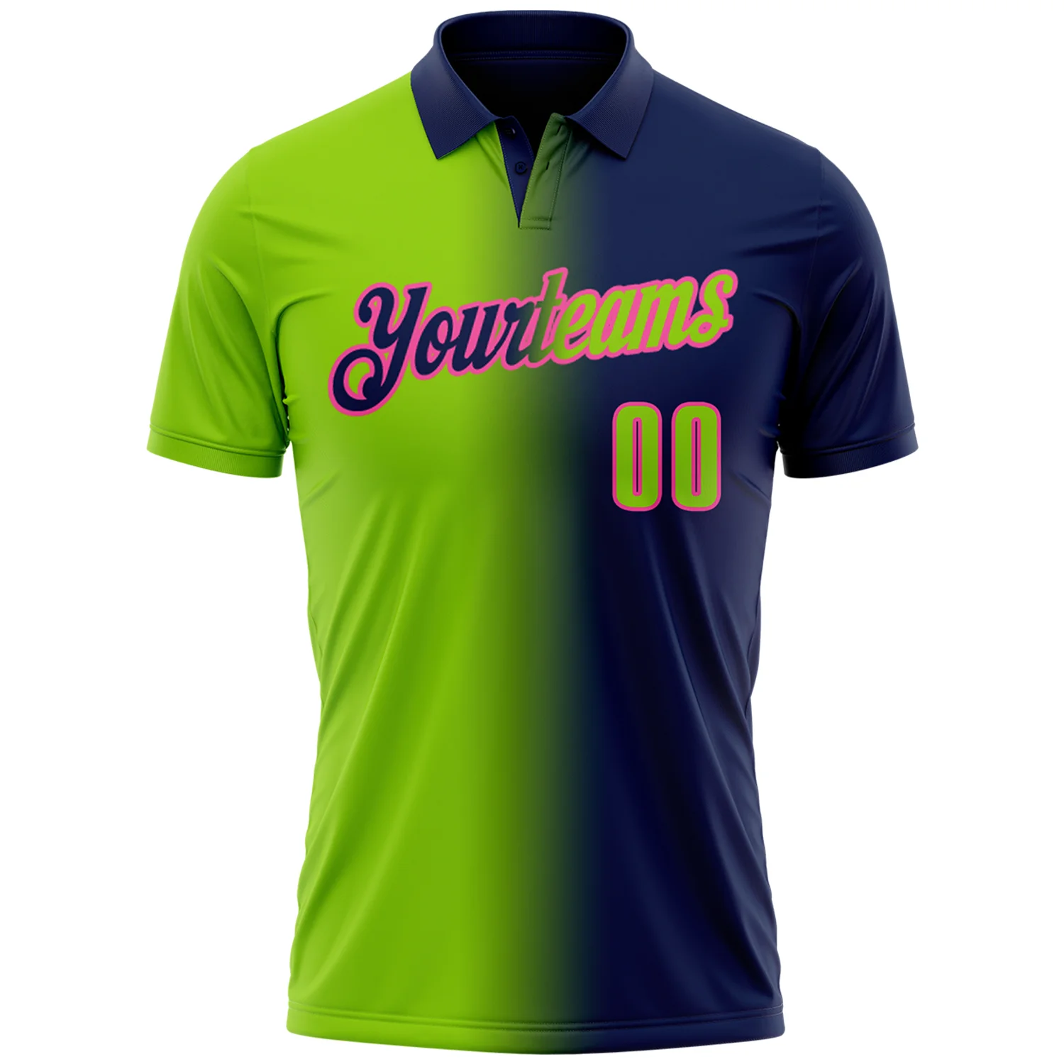 Custom Navy Neon Green-Pink 3D Gradient Fashion Performance Polo Shirt - Image 2