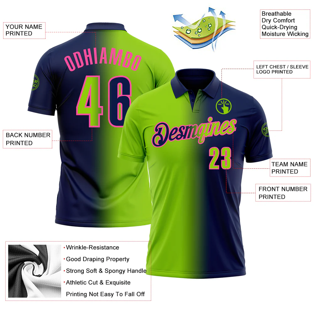 Custom Navy Neon Green-Pink 3D Gradient Fashion Performance Polo Shirt - Image 3