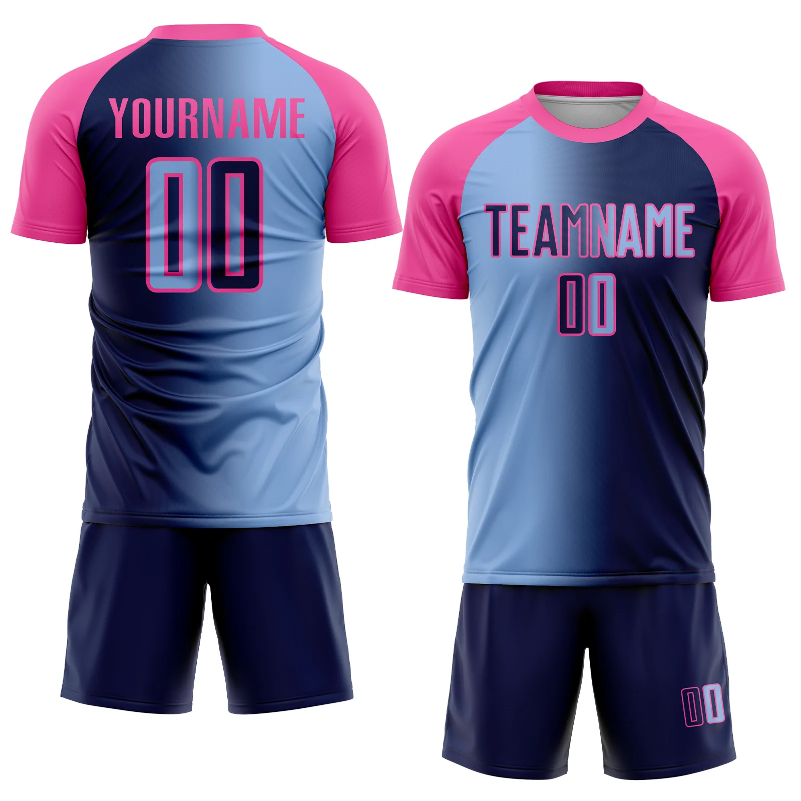Custom Navy Light Blue-Pink Sublimation Gradient Fashion Soccer Uniform Jersey - Image 2