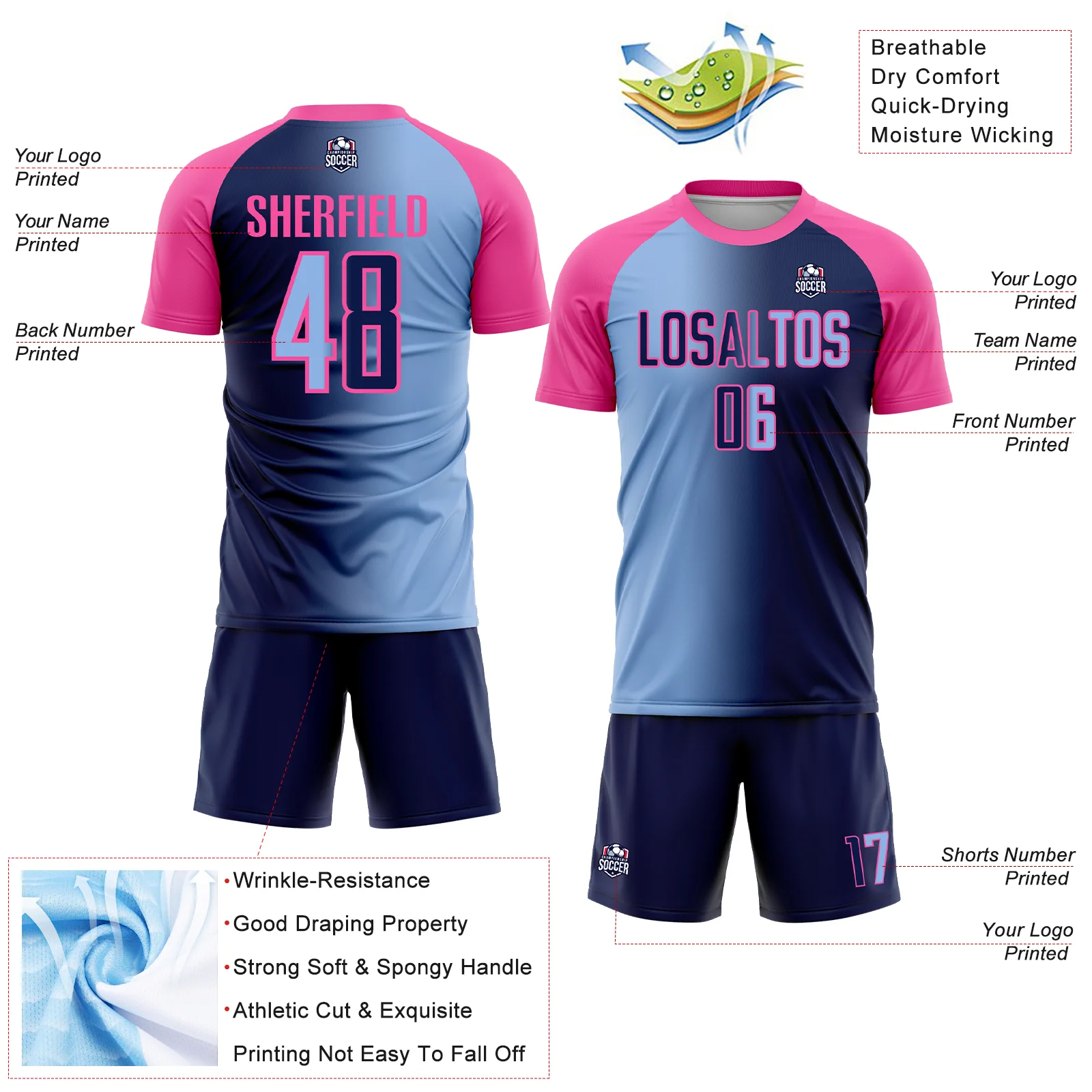 Custom Navy Light Blue-Pink Sublimation Gradient Fashion Soccer Uniform Jersey - Image 4