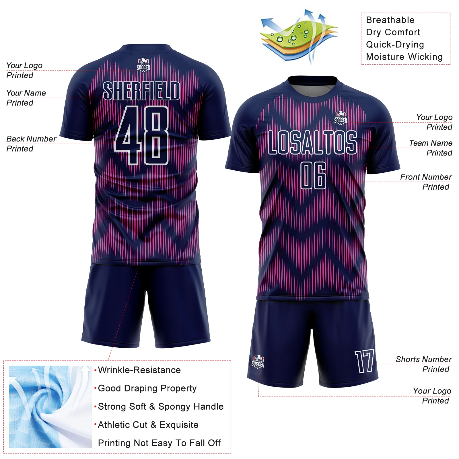 Custom Navy Pink-White Line Sublimation Soccer Uniform Jersey - Image 4