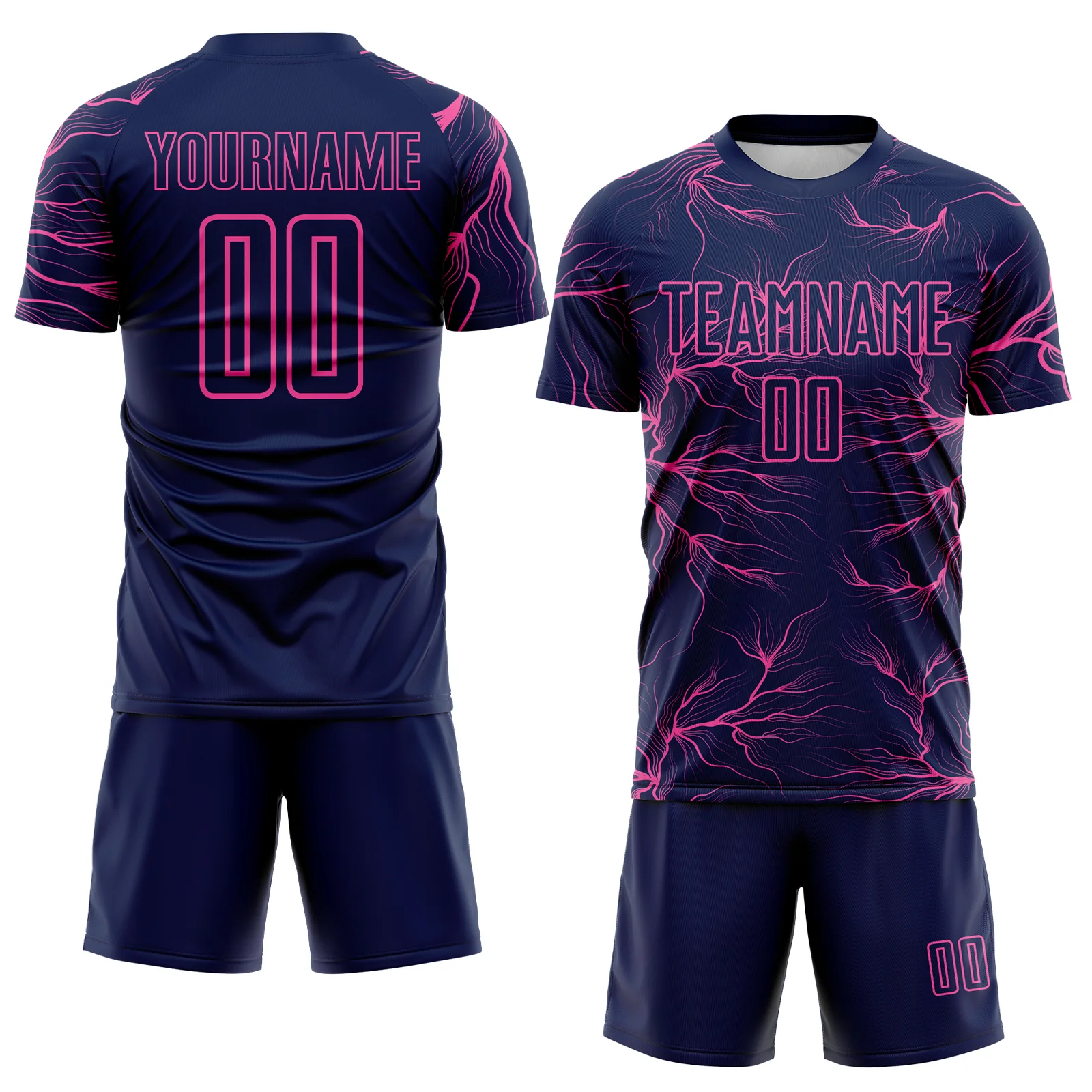 Custom Navy Pink Lightning Electric Veins Sublimation Soccer Uniform Jersey - Image 2