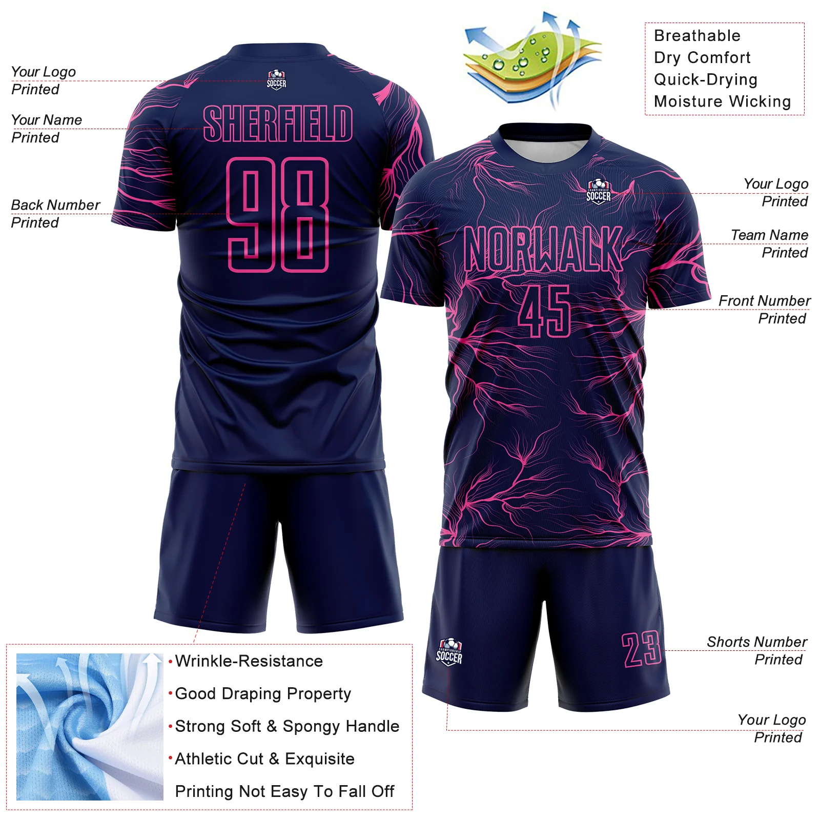 Custom Navy Pink Lightning Electric Veins Sublimation Soccer Uniform Jersey - Image 4