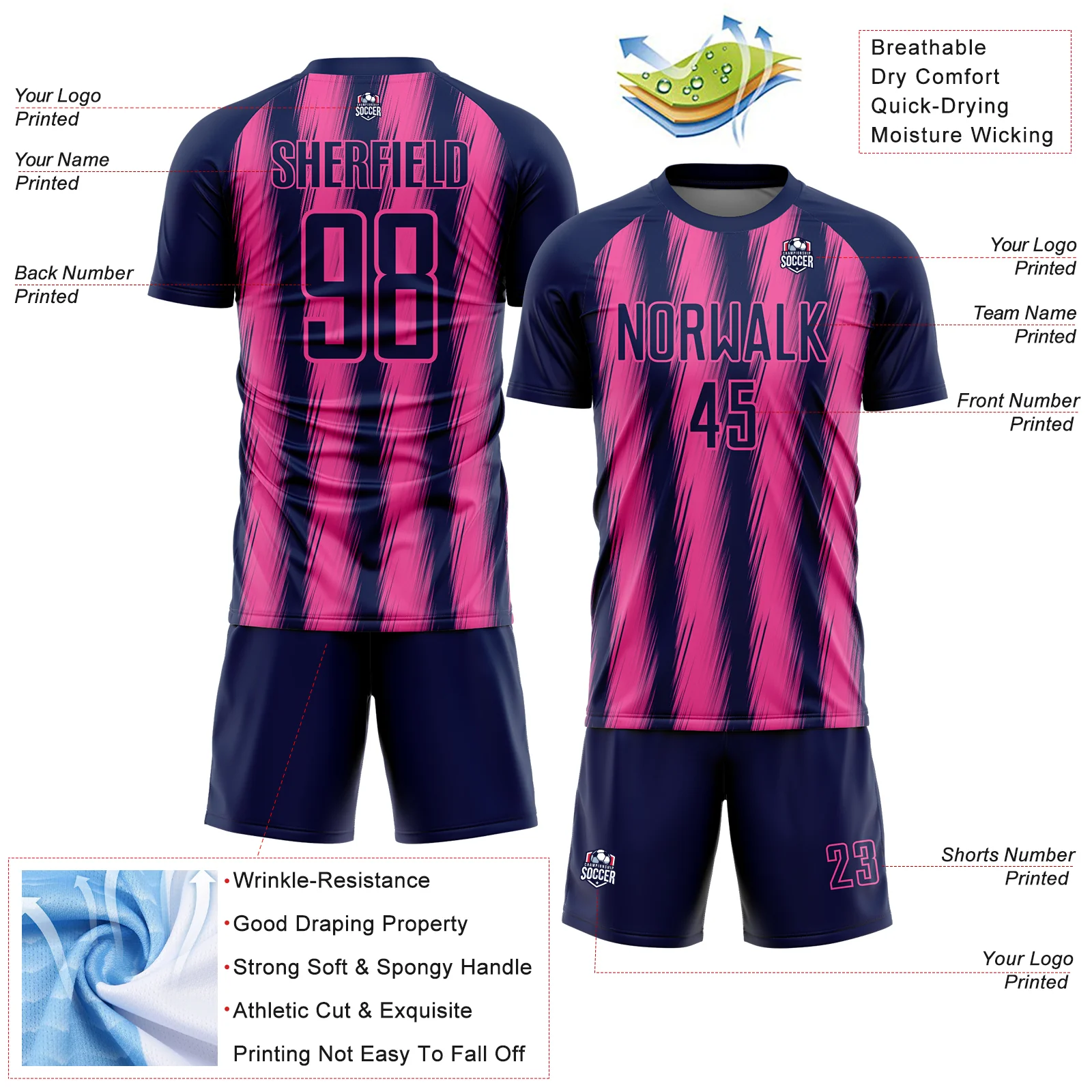 Custom Navy Pink Vertical Brush Stroke Stripes Sublimation Soccer Uniform Jersey - Image 4