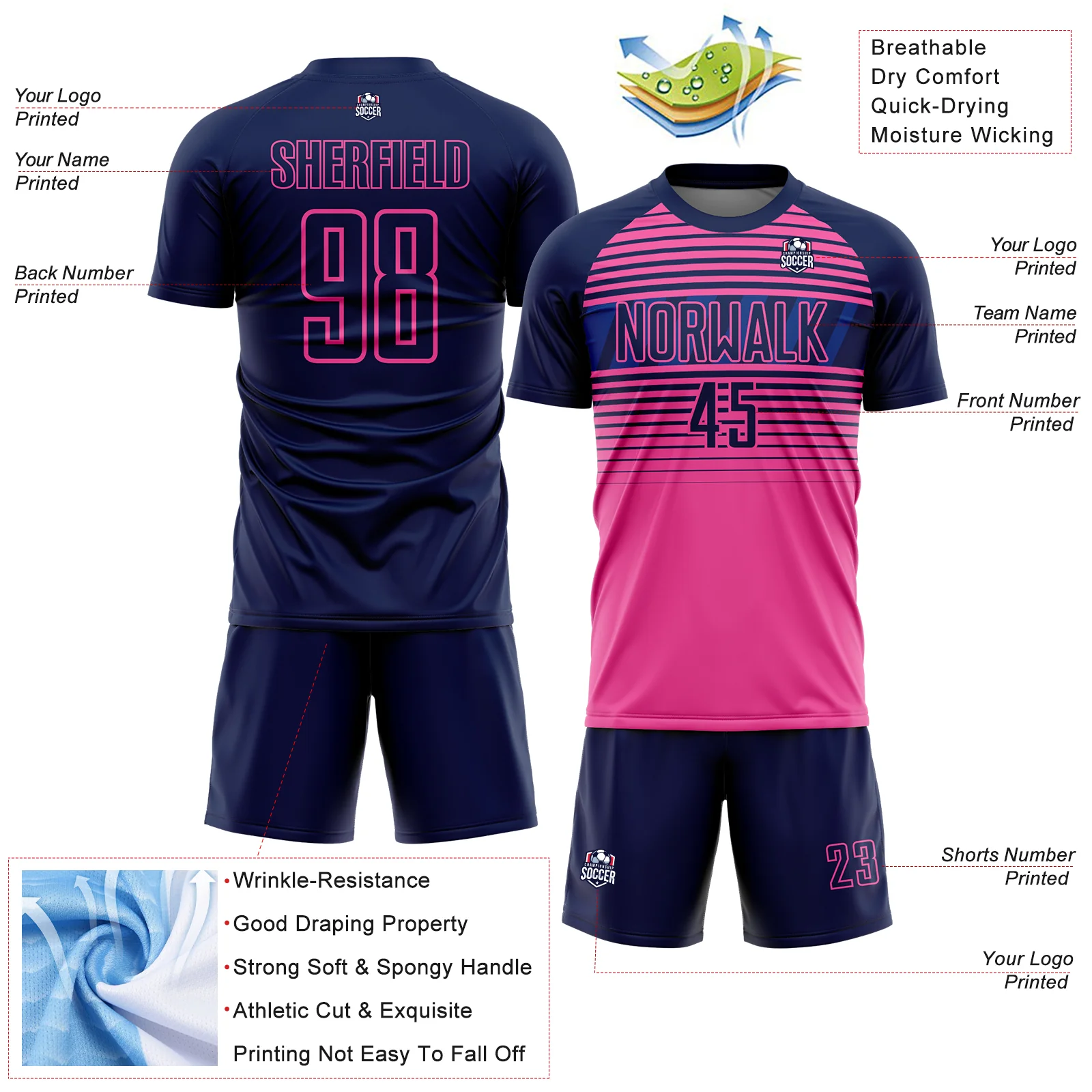 Custom Navy Pink-Royal Gradient Horizontal Stripes Sublimation Soccer Uniform Jersey - Image 4
