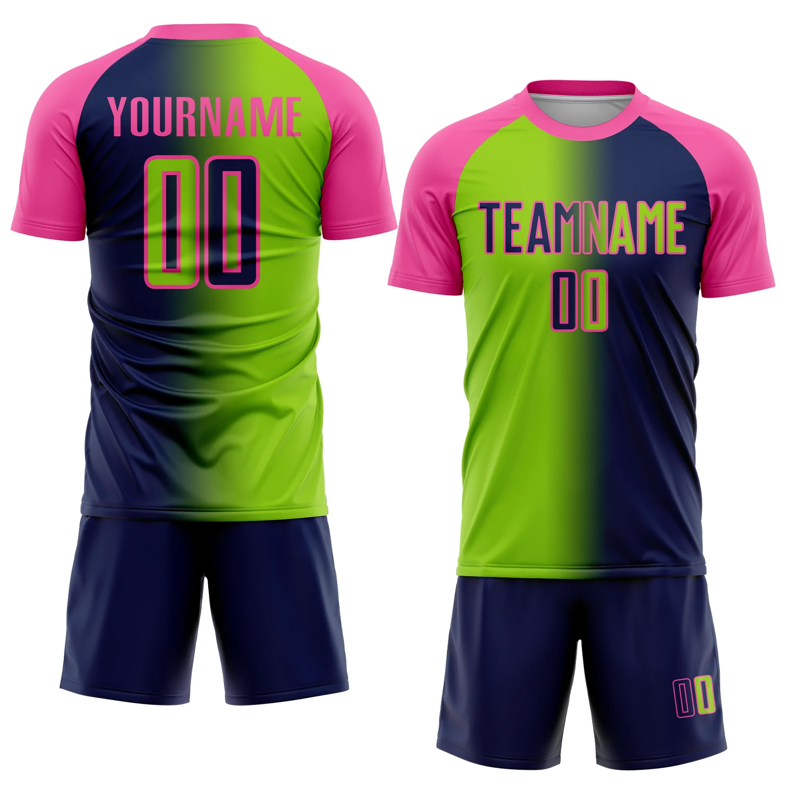 Custom Navy Neon Green-Pink Sublimation Gradient Fashion Soccer Uniform Jersey - Image 2