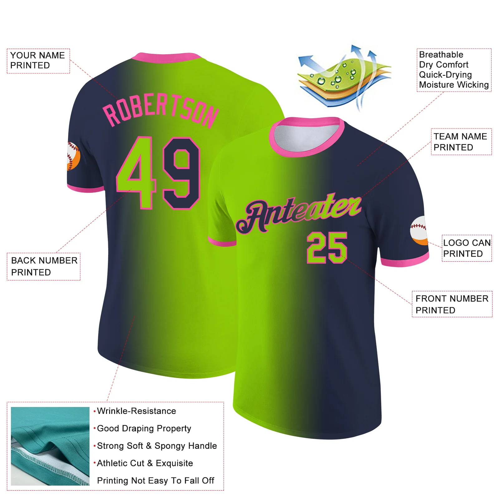 Custom Navy Neon Green-Pink Gradient Fashion Performance T-Shirt - Image 2