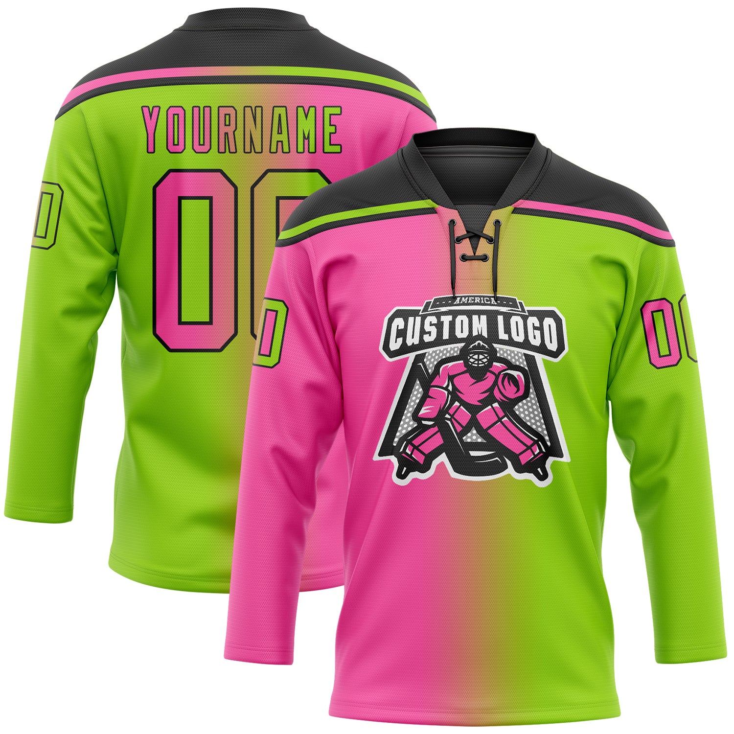 Custom Neon Green Pink-Black Gradient Fashion Hockey Lace Neck Jersey - Image 2