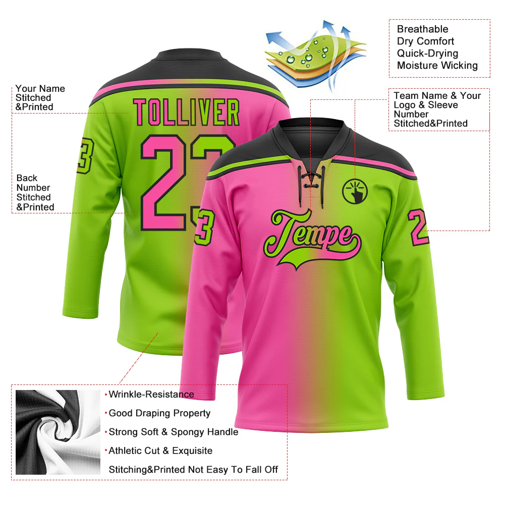 Custom Neon Green Pink-Black Gradient Fashion Hockey Lace Neck Jersey - Image 5