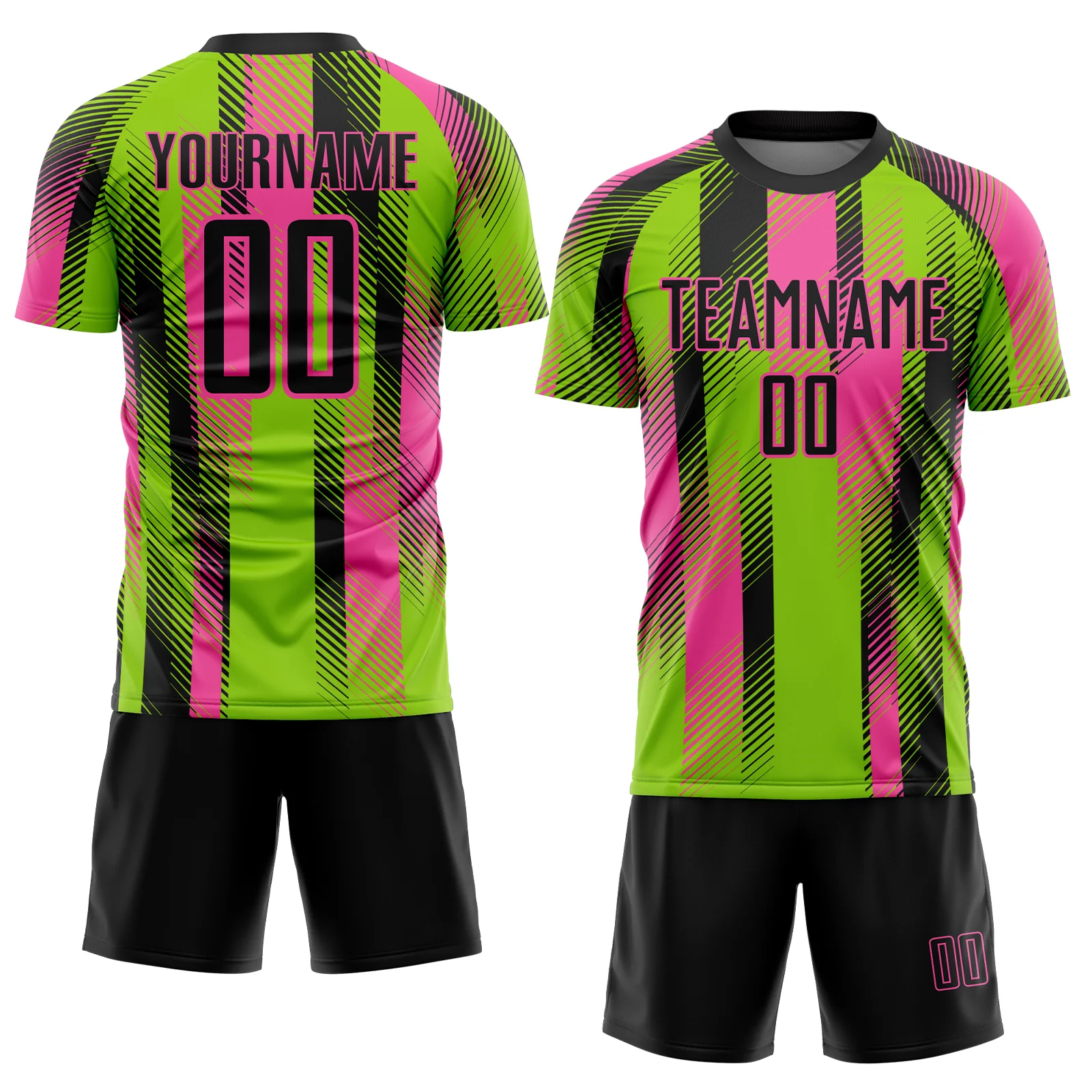 Custom Neon Green Black-Pink Diagonal Stripe Sports Sublimation Soccer Uniform Jersey - Image 2