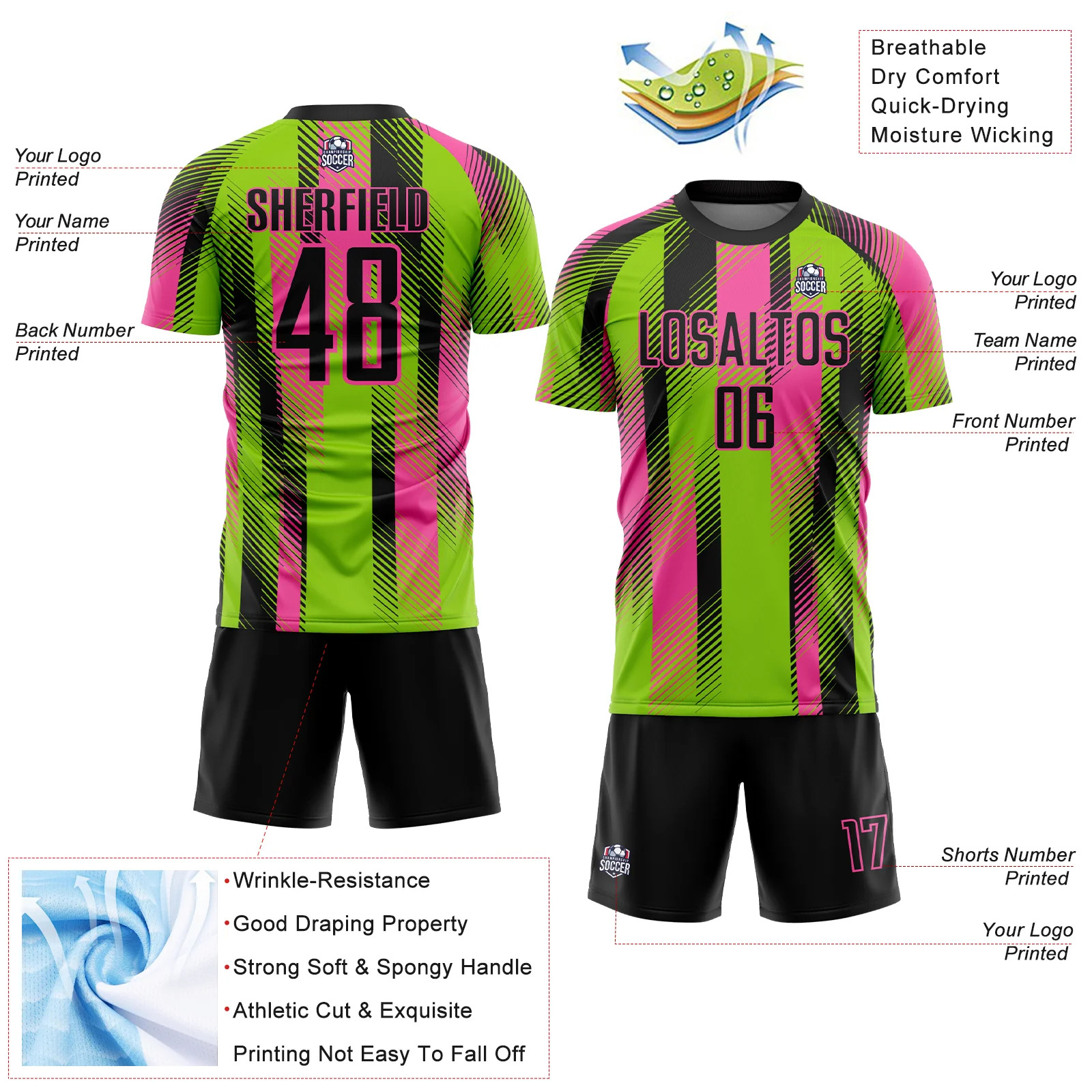 Custom Neon Green Black-Pink Diagonal Stripe Sports Sublimation Soccer Uniform Jersey - Image 4