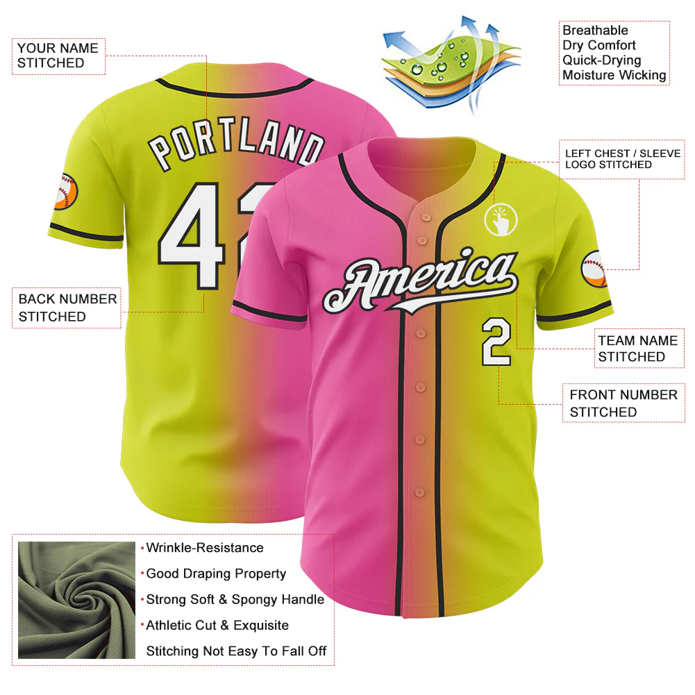 Custom Neon Yellow White Pink-Black Authentic Gradient Fashion Baseball Jersey - Image 3