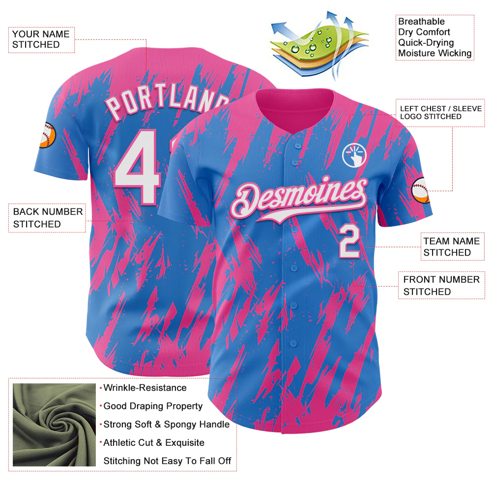 Custom Powder Blue White-Pink Splatter Torn Sharp Brush Stroke Authentic Baseball Jersey - Image 3