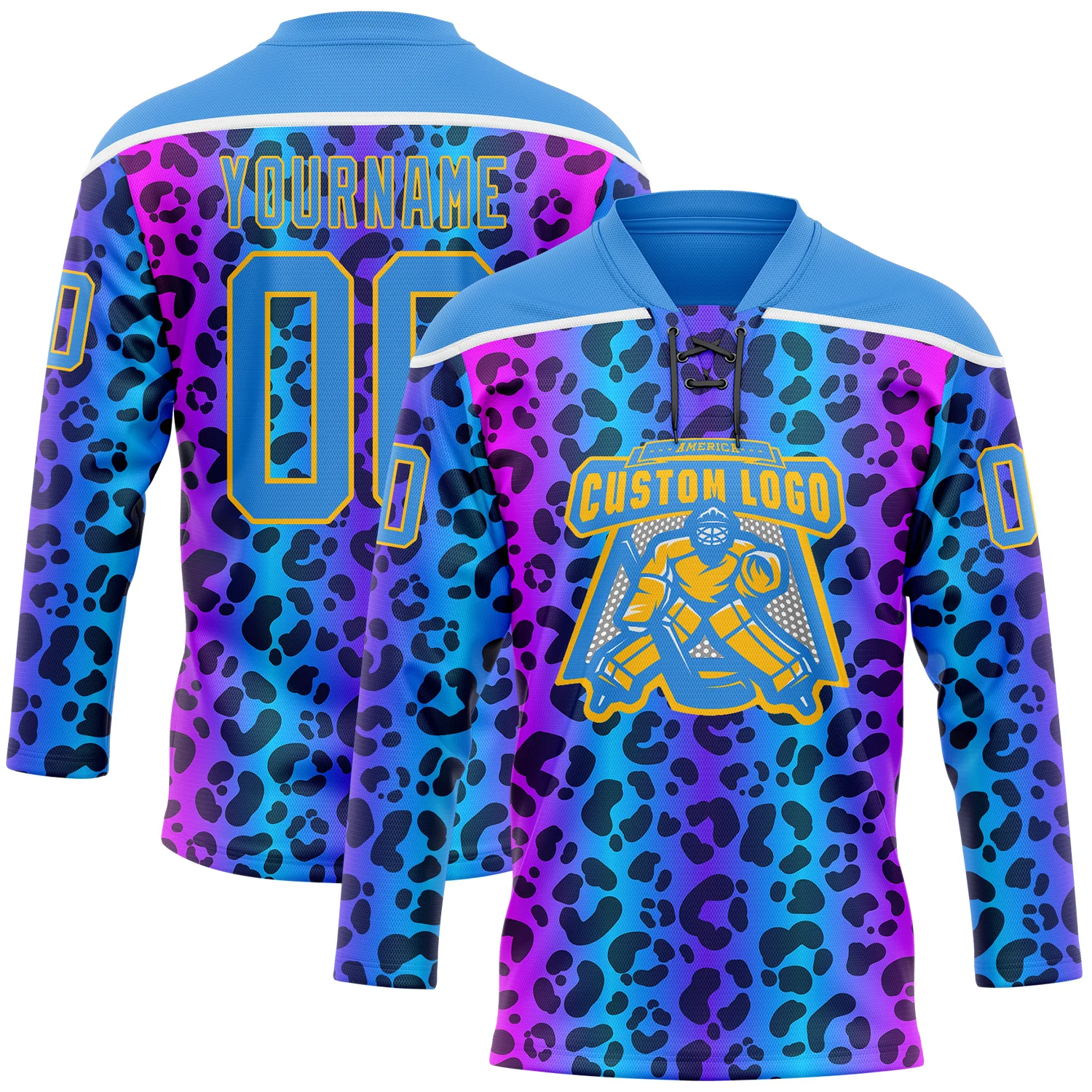 Custom Powder Blue Pink Gold-White Leopard Print Neon Hockey Lace Neck Jersey - Image 2