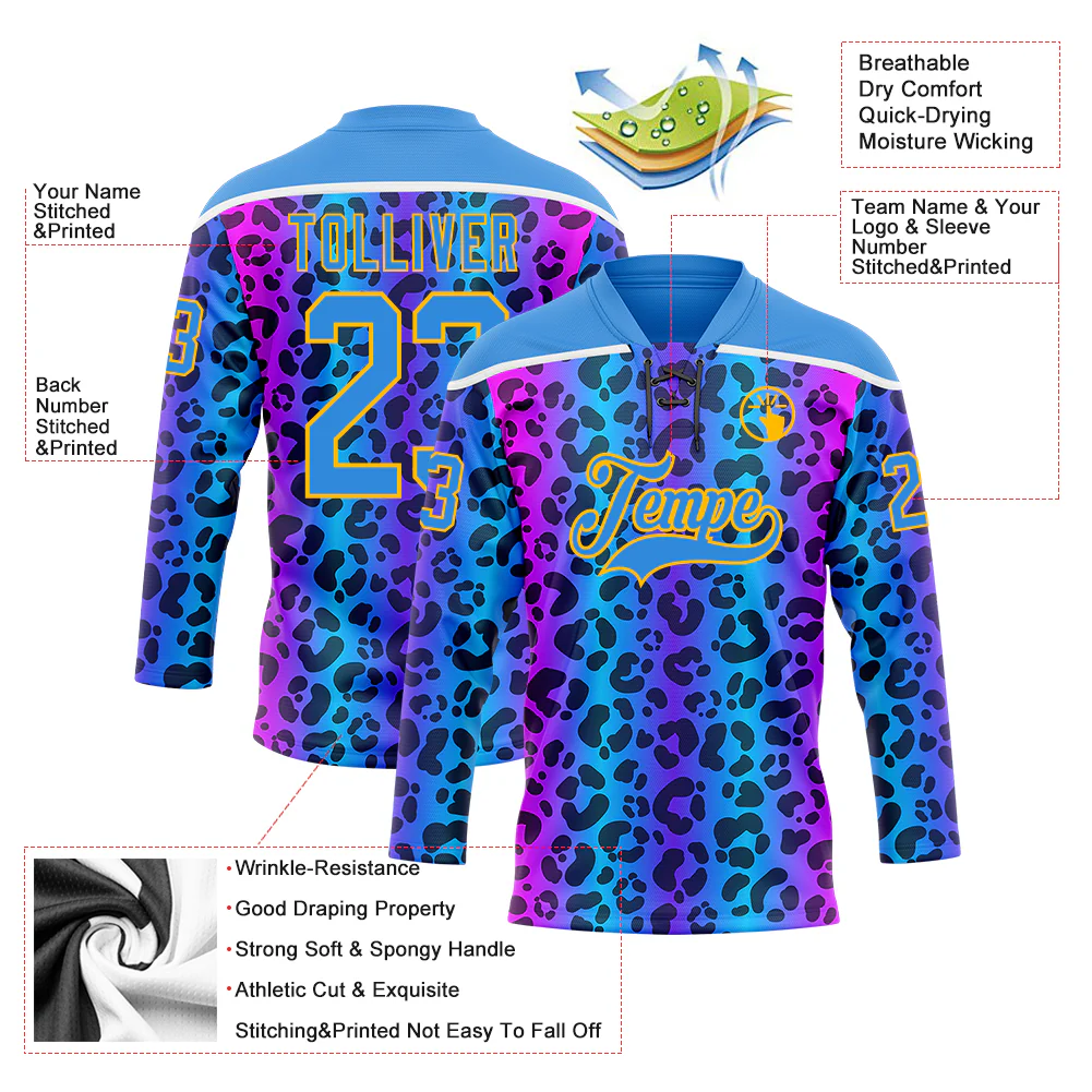 Custom Powder Blue Pink Gold-White Leopard Print Neon Hockey Lace Neck Jersey - Image 5