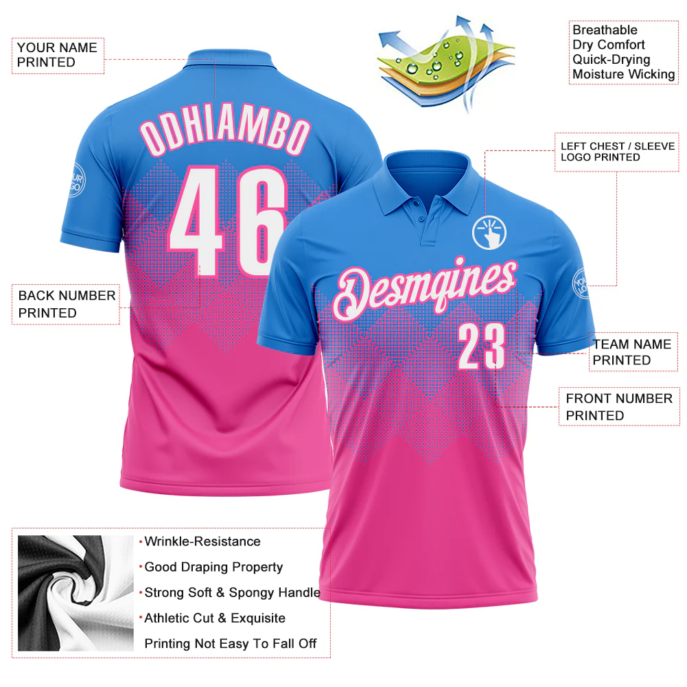 Custom Powder Blue White-Pink 3D Gradient Square Shape Performance Polo Shirt - Image 3