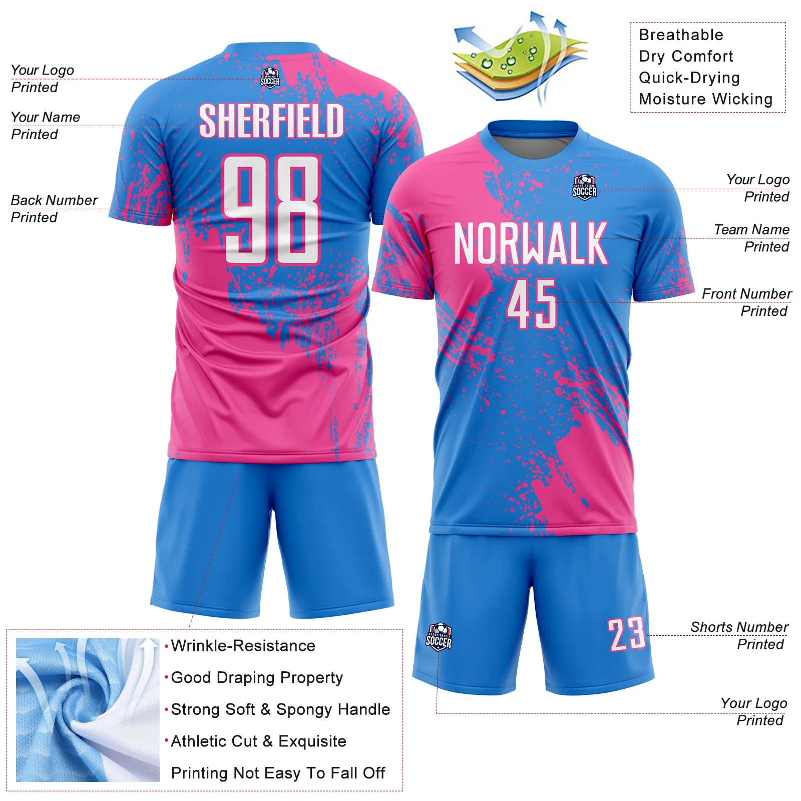 Custom Powder Blue White-Pink Abstract Brush Stroke Sports Sublimation Soccer Uniform Jersey - Image 4