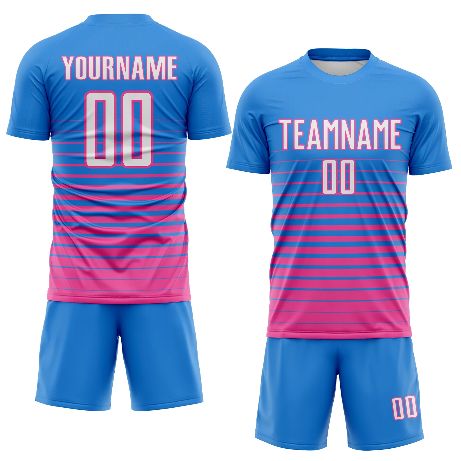 Custom Powder Blue White-Pink Gradient Pinstripe Sublimation Soccer Uniform Jersey - Image 2