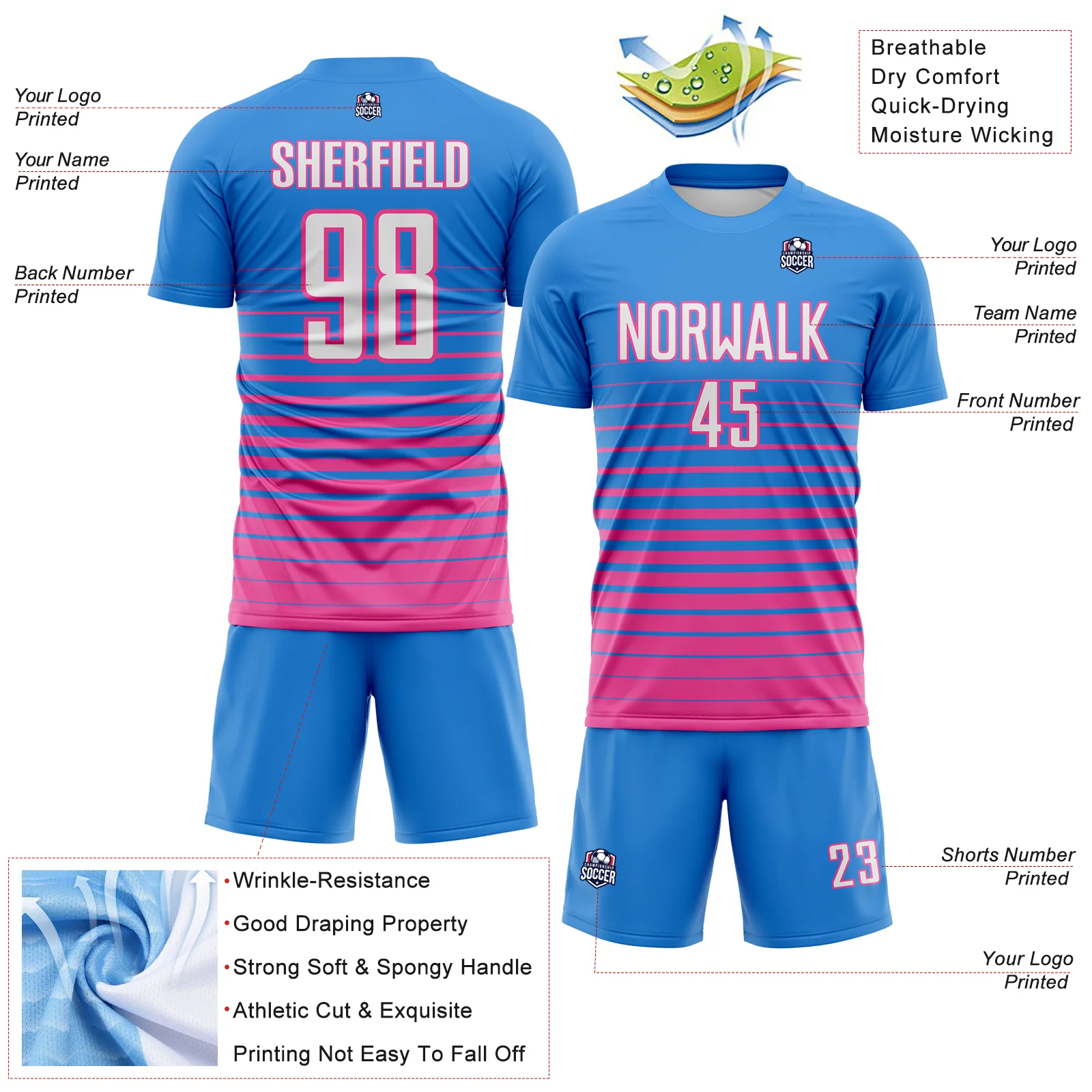 Custom Powder Blue White-Pink Gradient Pinstripe Sublimation Soccer Uniform Jersey - Image 4