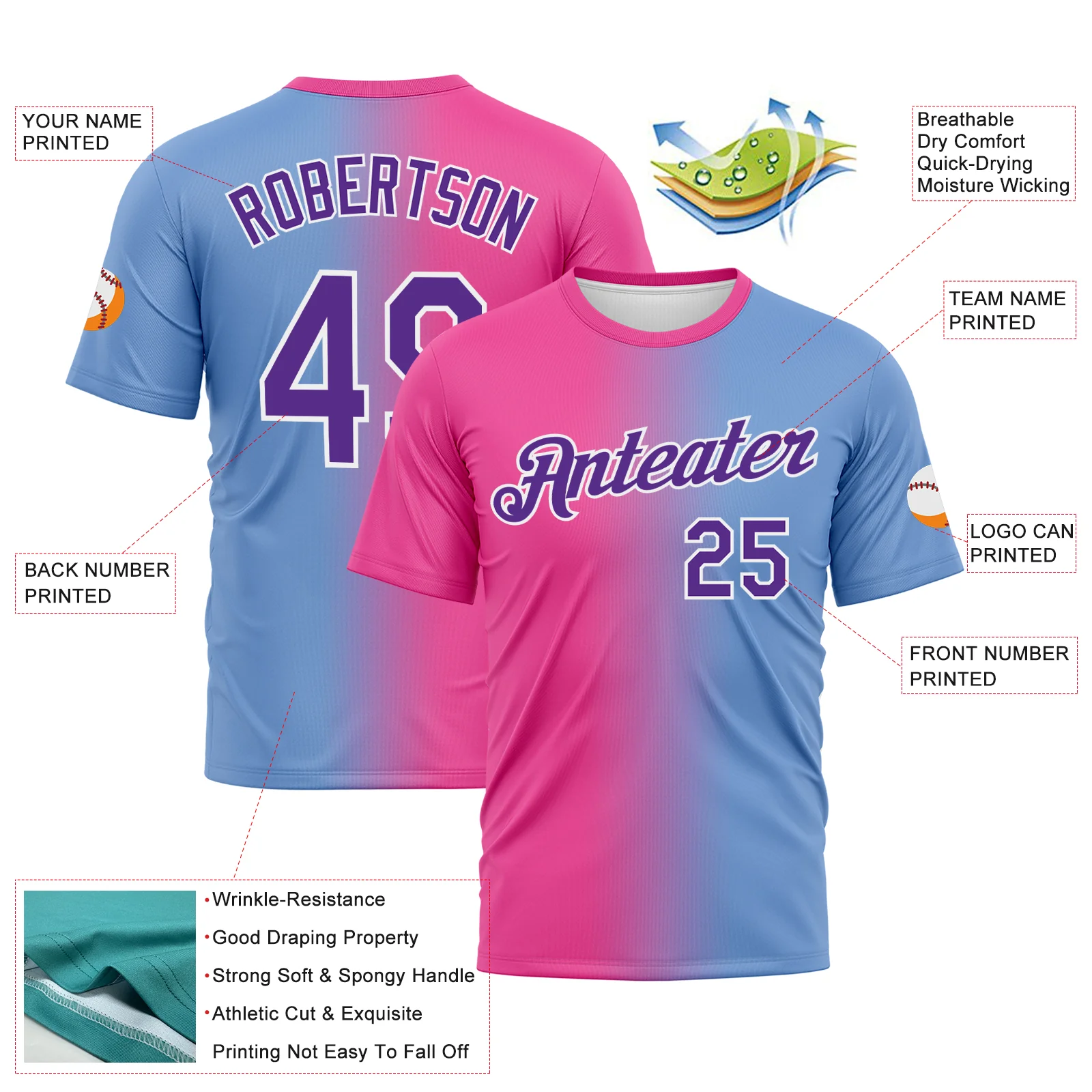 Custom Powder Blue Purple-Pink Gradient Fashion Performance T-Shirt - Image 3