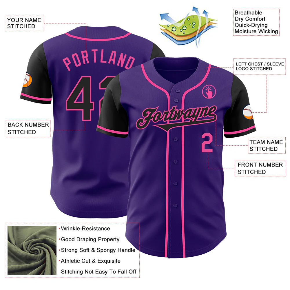Custom Purple Black-Pink Authentic Two Tone Baseball Jersey - Image 3