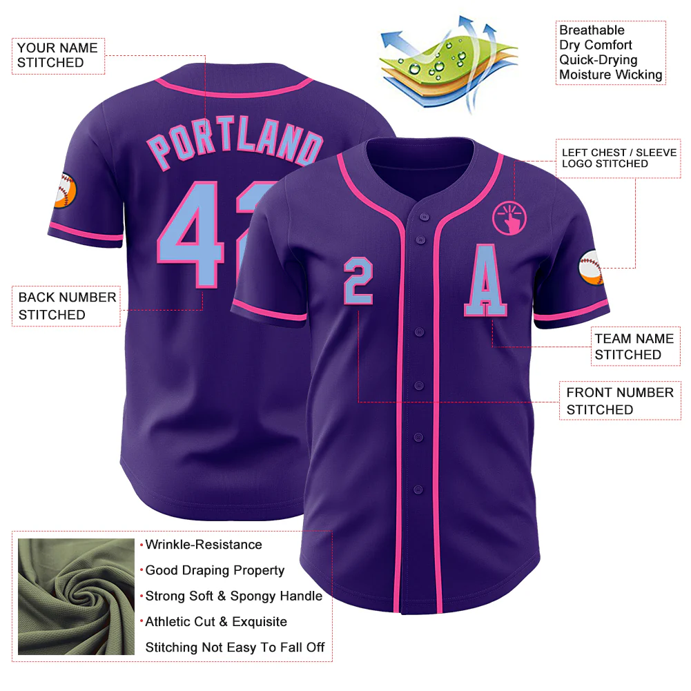 Custom Purple Light Blue-Pink Authentic Baseball Jersey - Image 2