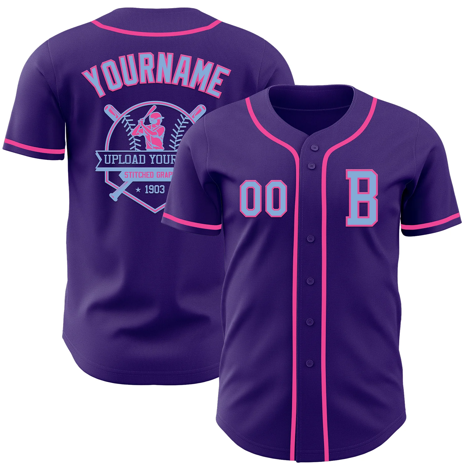 Custom Purple Light Blue-Pink Authentic Baseball Jersey - Image 5