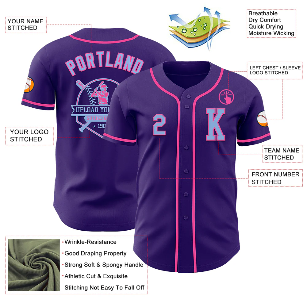 Custom Purple Light Blue-Pink Authentic Baseball Jersey - Image 6