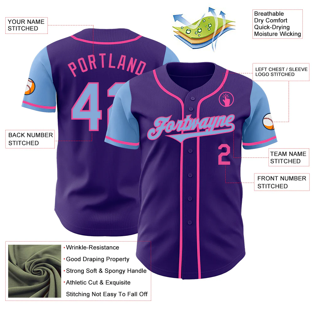 Custom Purple Light Blue-Pink Authentic Two Tone Baseball Jersey - Image 3