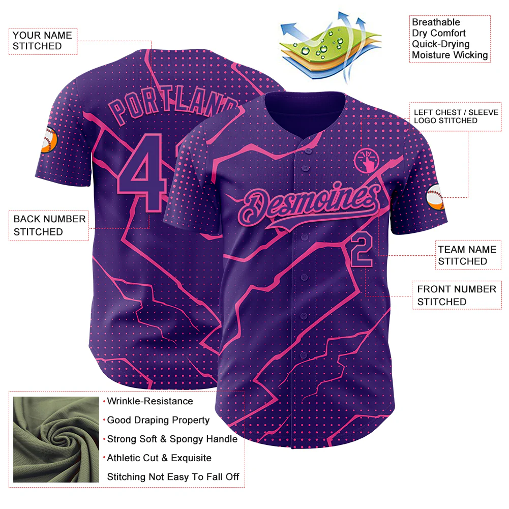 Custom Purple Pink Lightning Polka Dot Authentic Baseball Jersey - Image 3