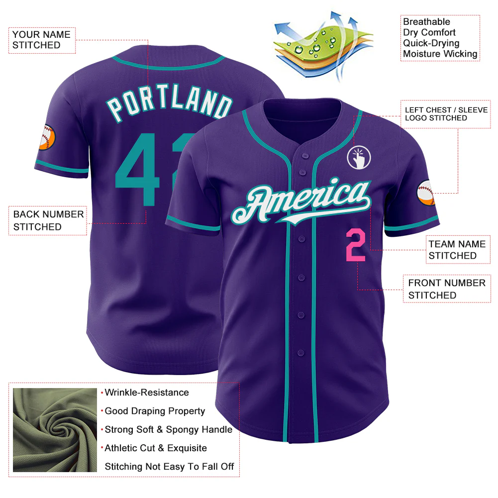 Custom Purple Teal Pink-White Authentic Baseball Jersey - Image 3