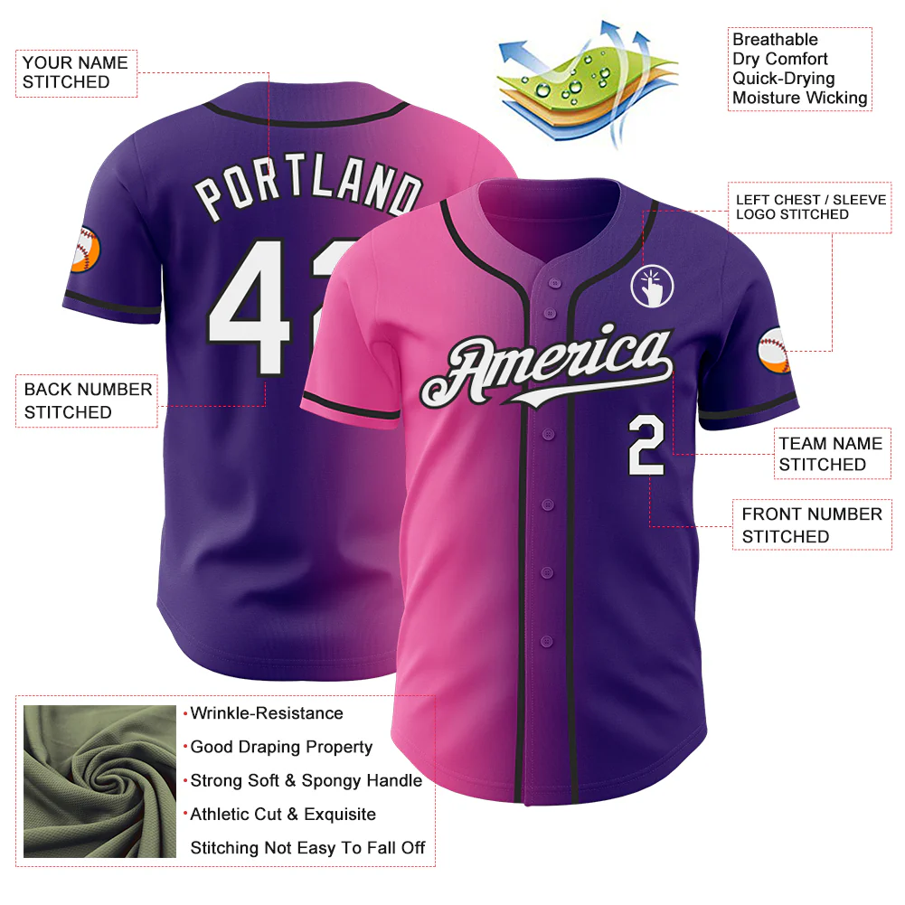 Custom Purple White Pink-Black Authentic Gradient Fashion Baseball Jersey - Image 3