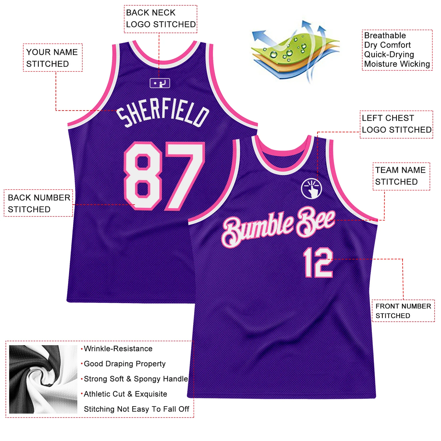 Custom Purple White-Pink Authentic Throwback Basketball Jersey - Image 2