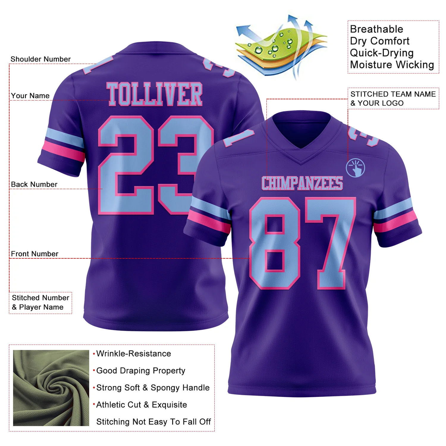 Custom Purple Light Blue-Pink Authentic Football Jersey - Image 3