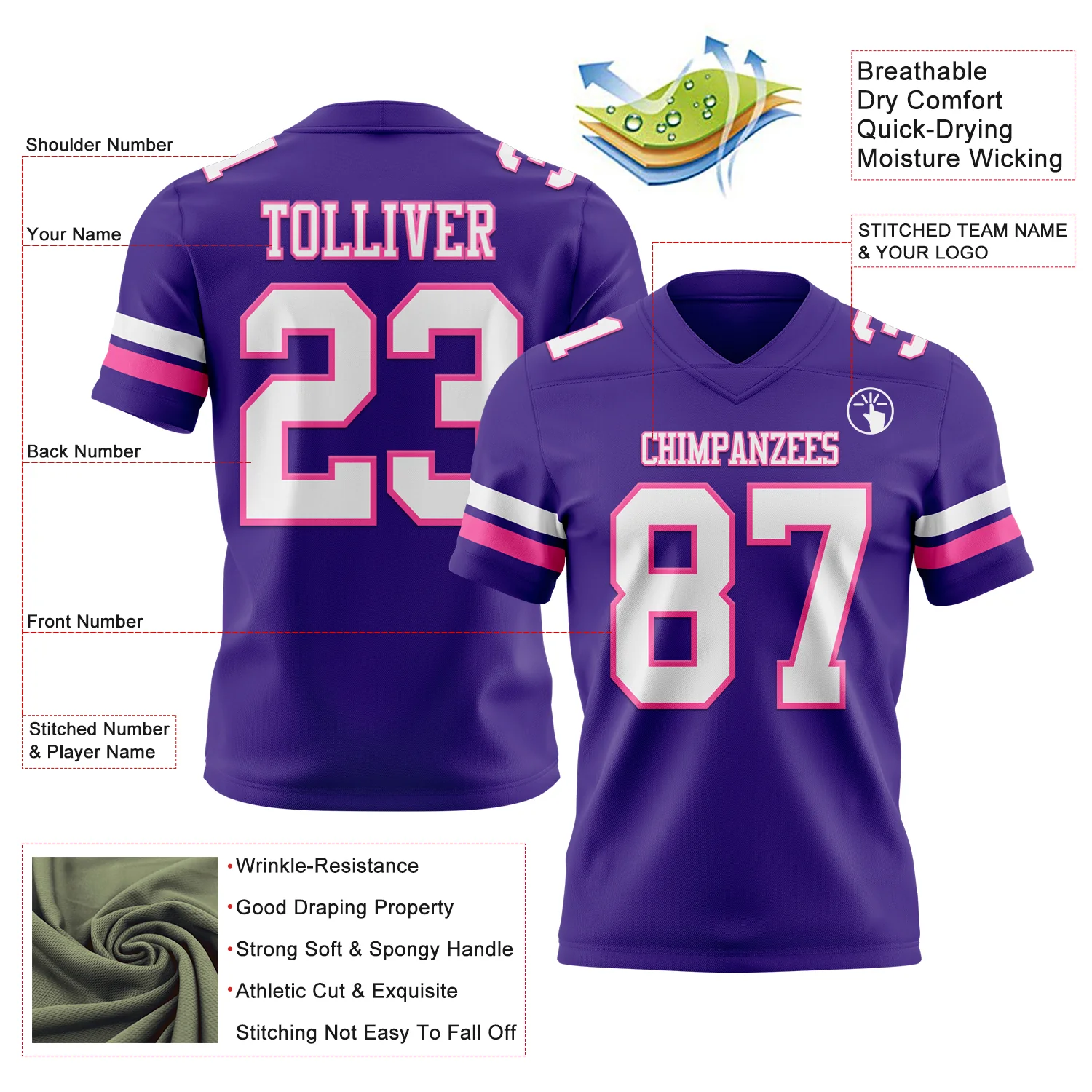 Custom Purple White-Pink Authentic Football Jersey - Image 3