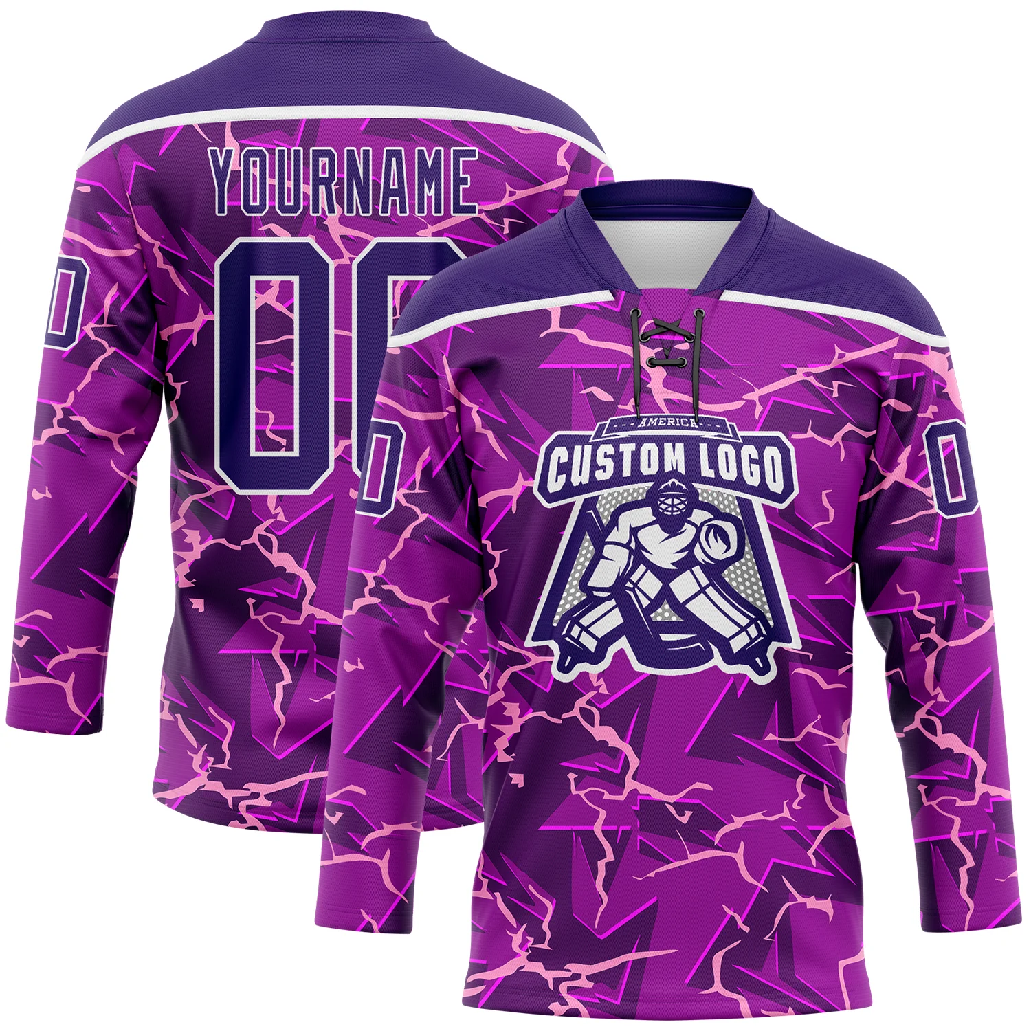 Custom Purple Black Pink-White Lightning Hockey Lace Neck Jersey - Image 2