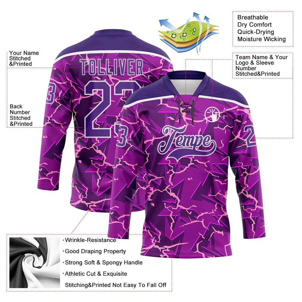 Custom Purple Black Pink-White Lightning Hockey Lace Neck Jersey - Image 5