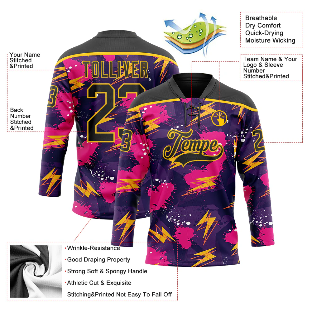Custom Purple Black Pink-Yellow Lightning Hockey Lace Neck Jersey - Image 5