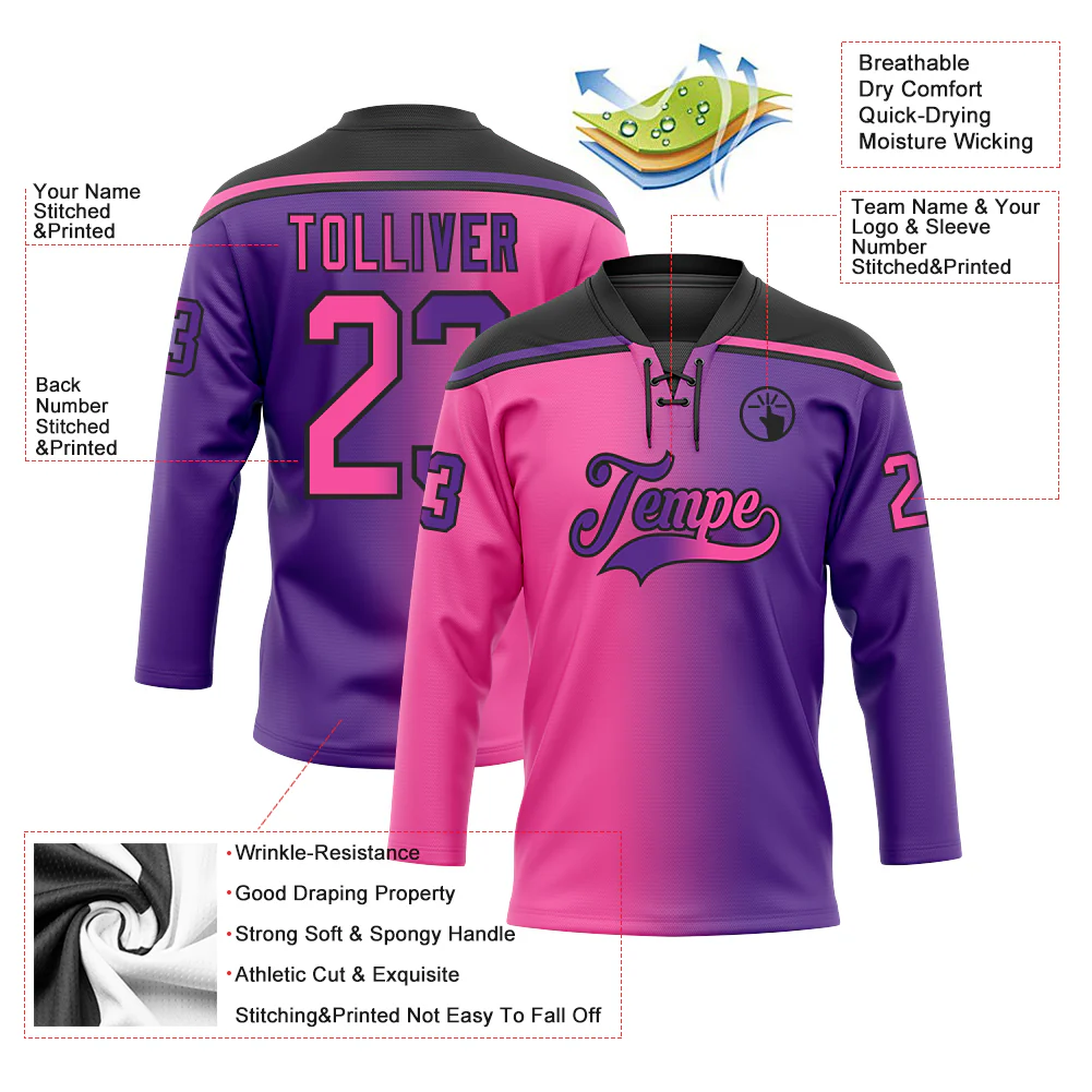 Custom Purple Pink-Black Gradient Fashion Hockey Lace Neck Jersey - Image 5